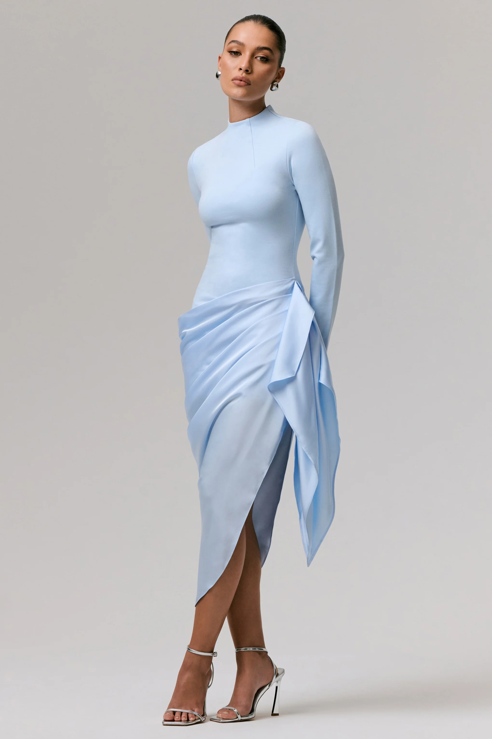 Raffie | Powder Blue Long-Sleeve Midi Dress With Satin Wrap Skirt - Image 3