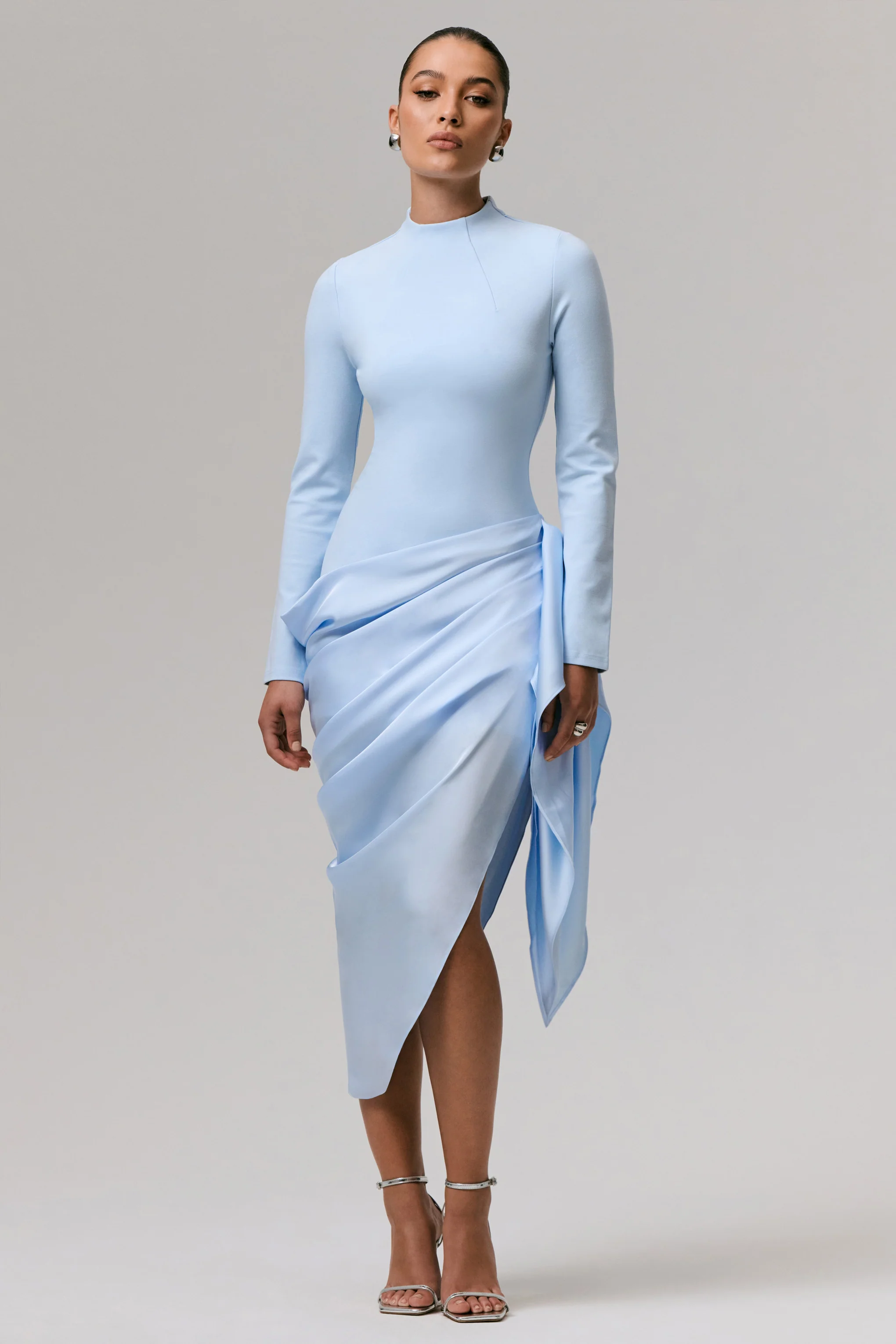 Raffie | Powder Blue Long-Sleeve Midi Dress With Satin Wrap Skirt - Image 4