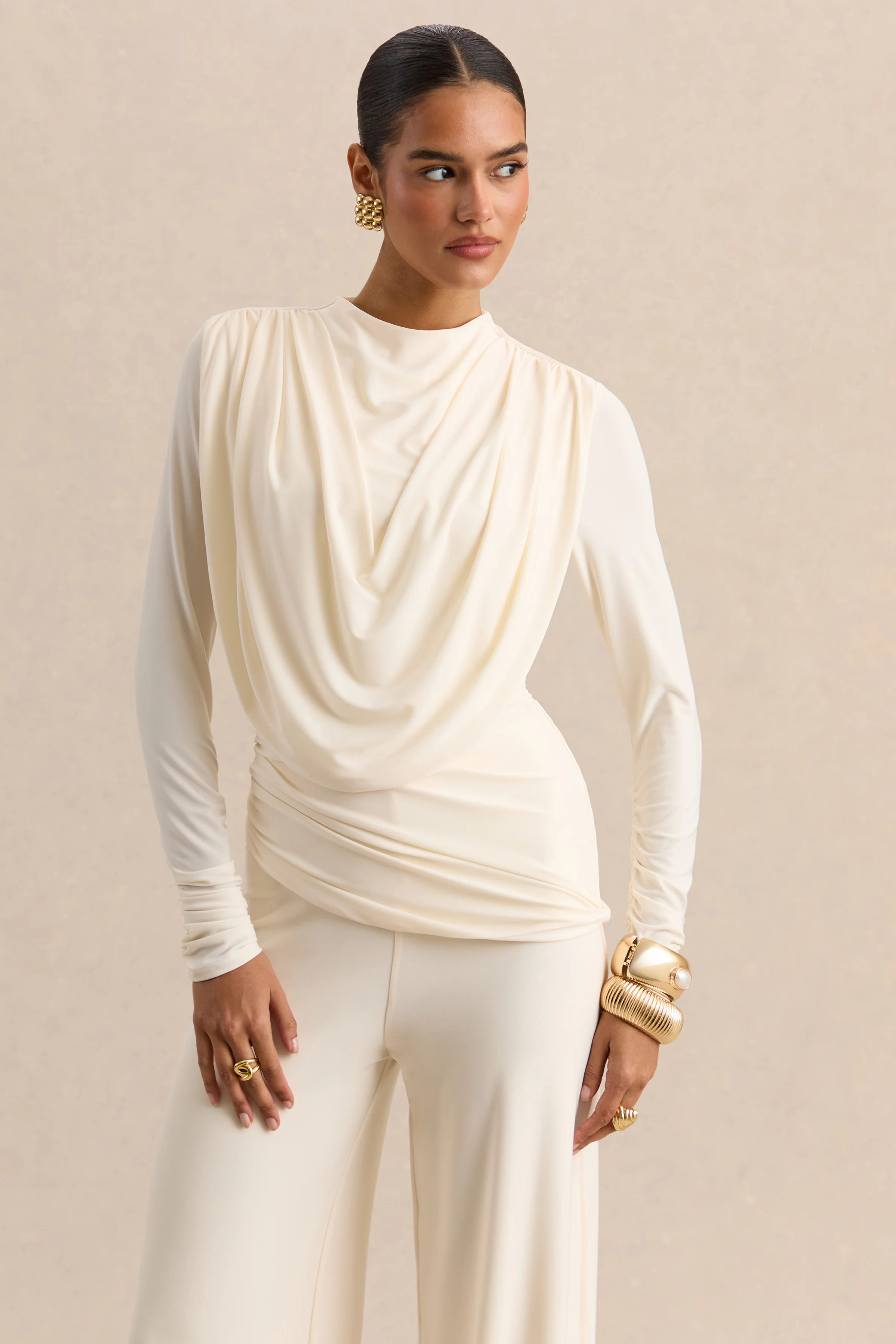 Raniella | White High-Neck Top With Gathered And Draped-Detailing