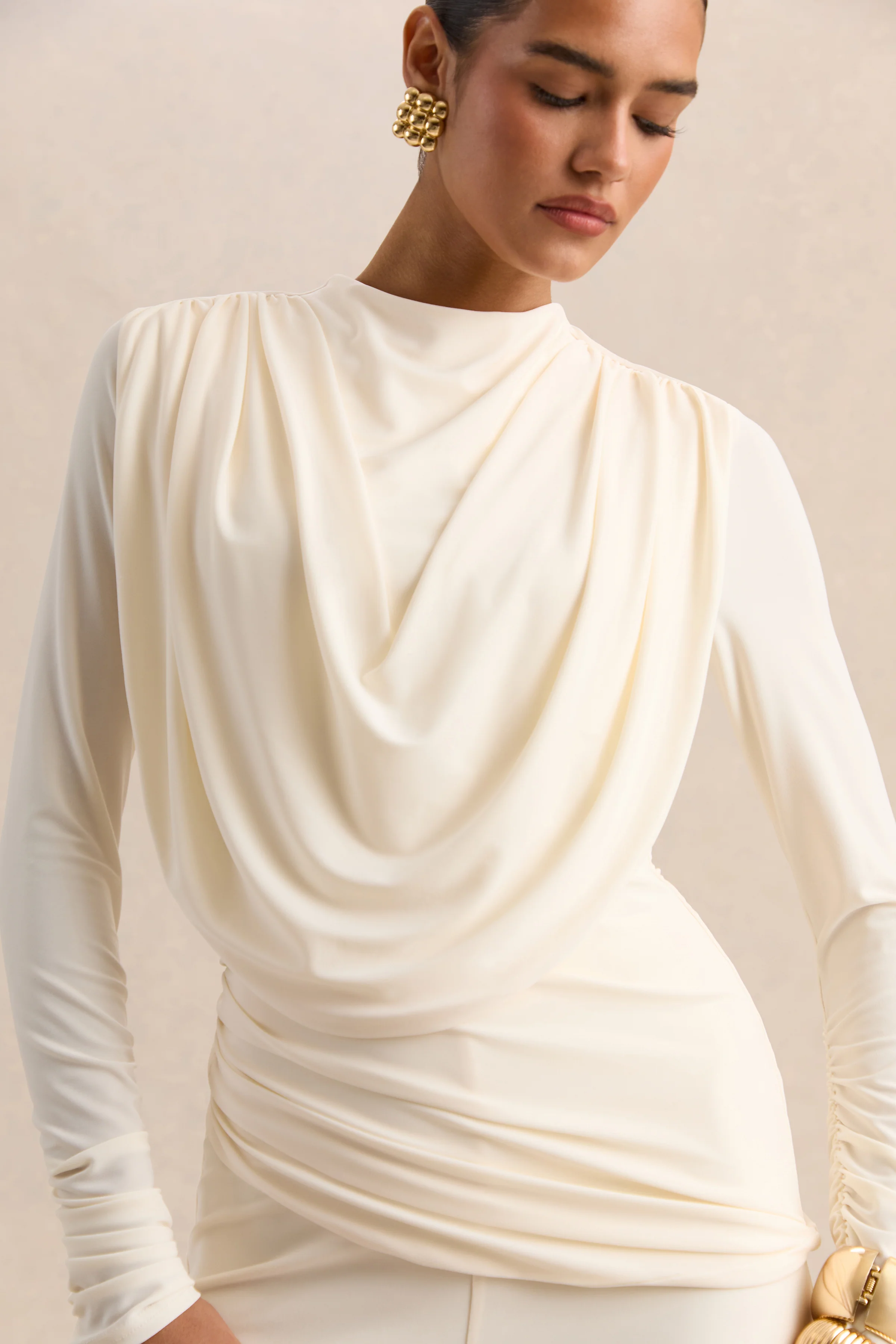 Raniella | White High-Neck Top With Gathered And Draped-Detailing - Image 4