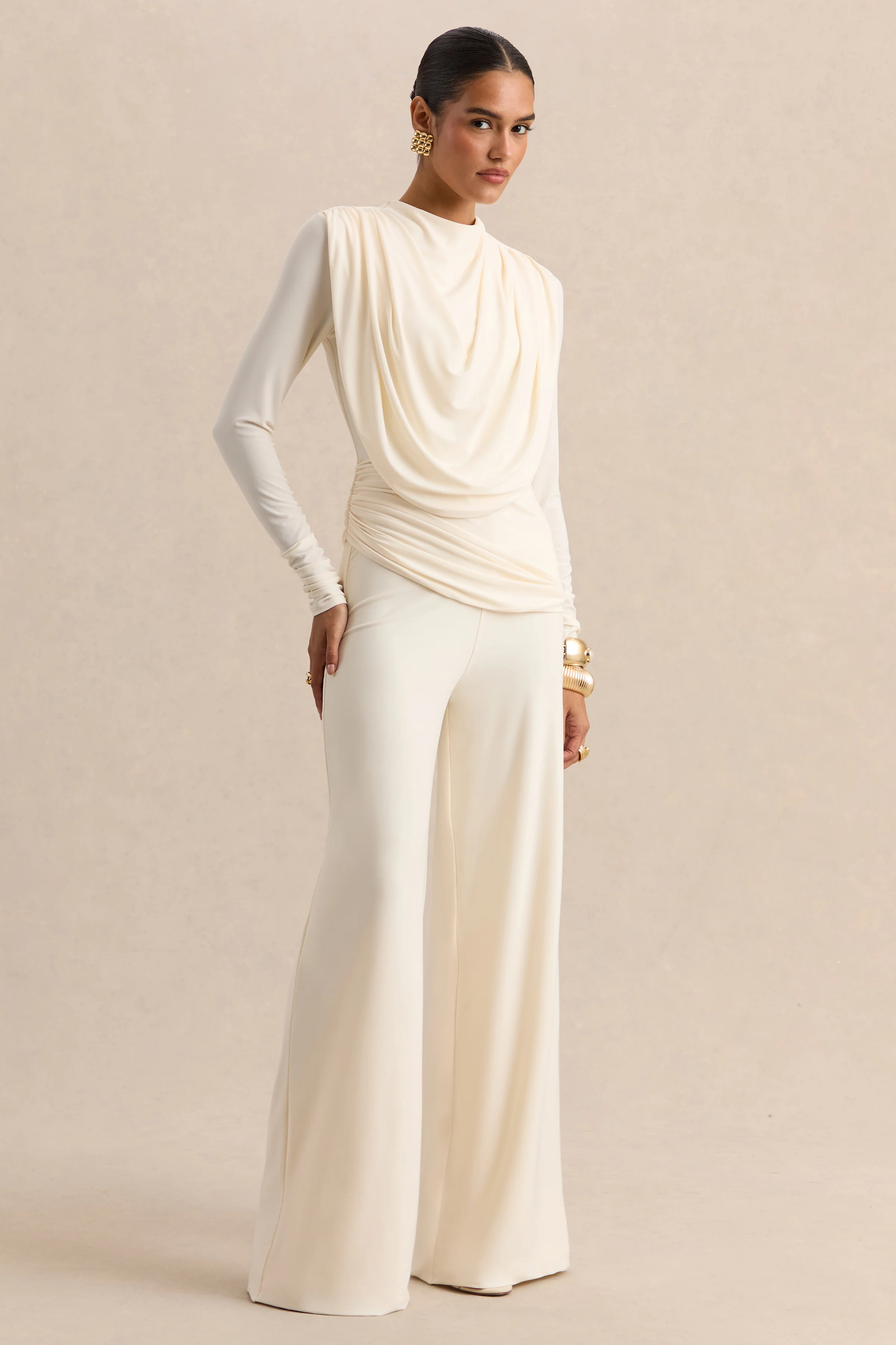 Raniella | White High-Neck Top With Gathered And Draped-Detailing - Image 6