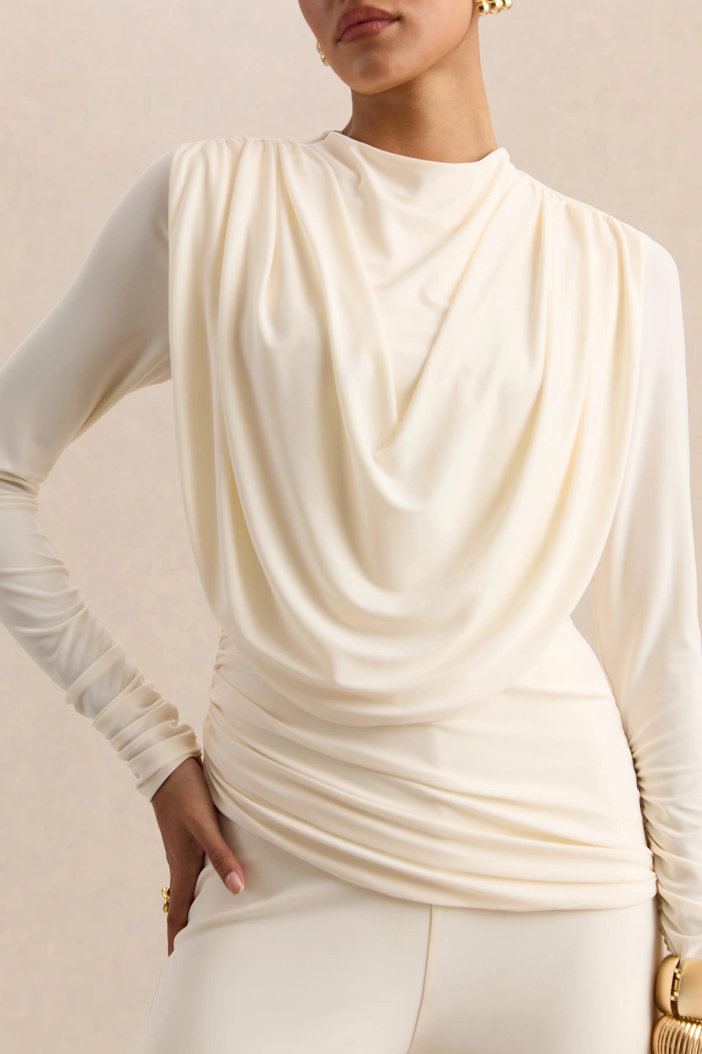 Raniella | White High-Neck Top With Gathered And Draped-Detailing - Image 7