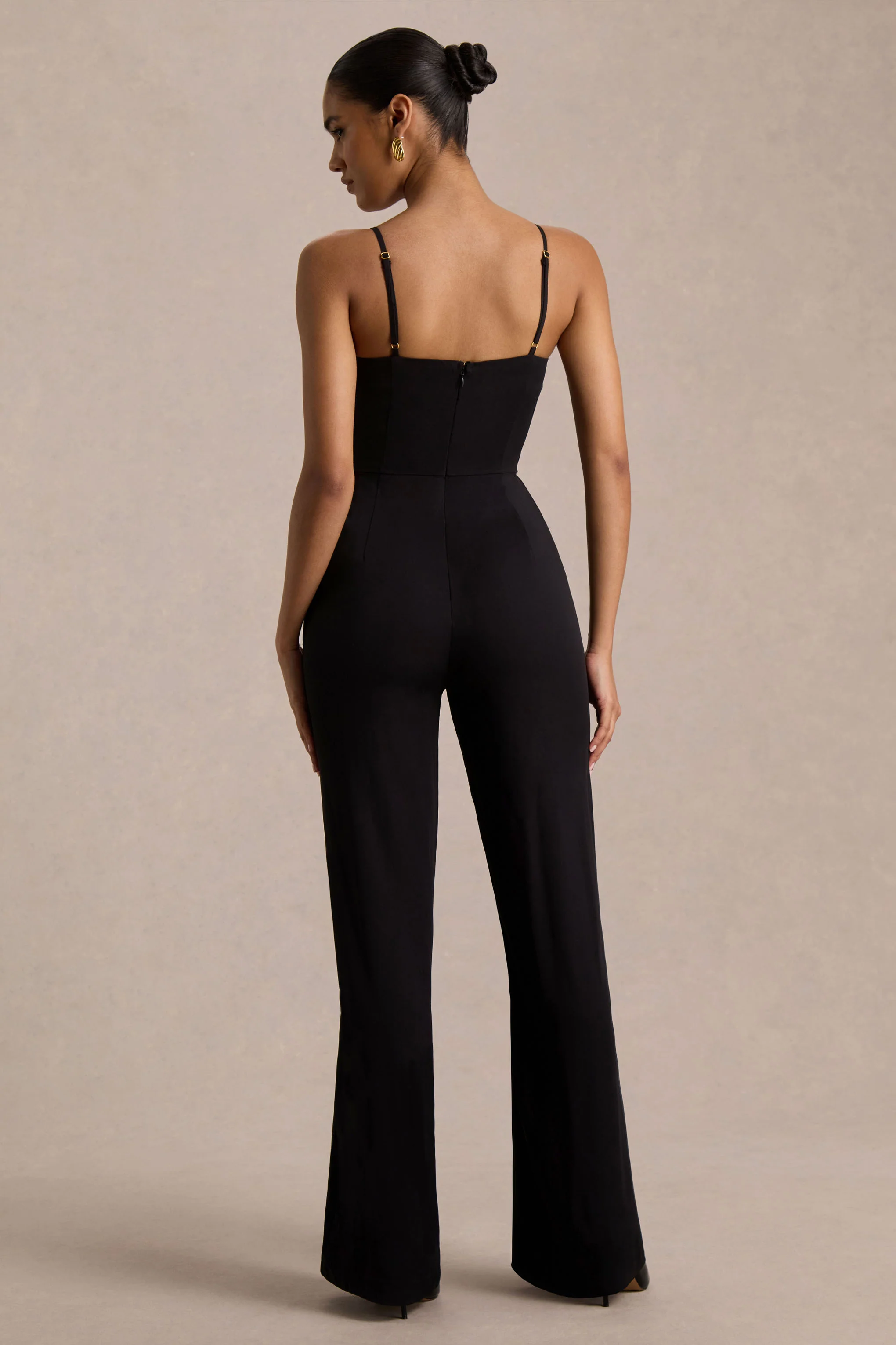 Raquel | Black Asymmetric-Neck Jumpsuit With Twisted Cape Detail - Image 7