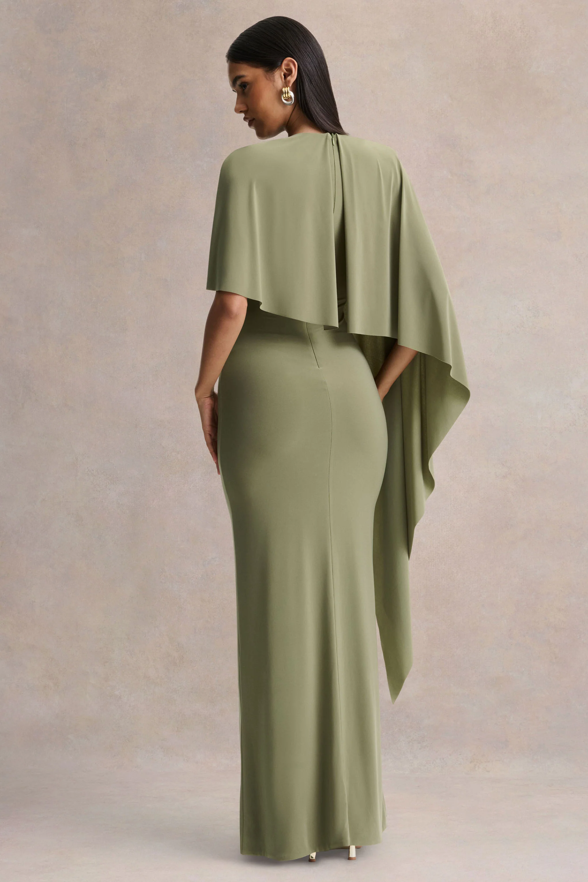 Ravena | Olive Crew-Neck Maxi Dress With Asymmetric-Cape Sleeve - Image 2