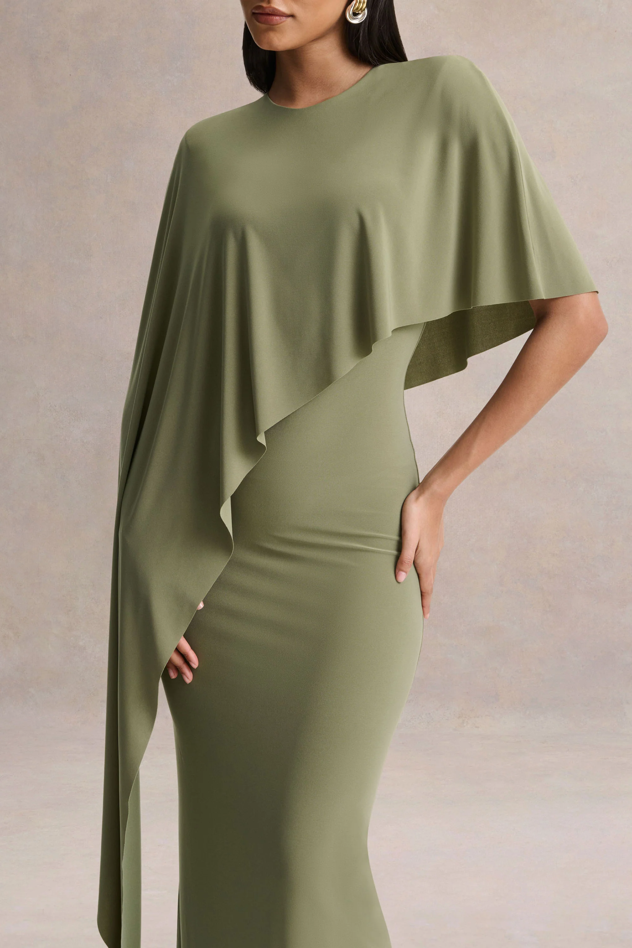 Ravena | Olive Crew-Neck Maxi Dress With Asymmetric-Cape Sleeve - Image 3