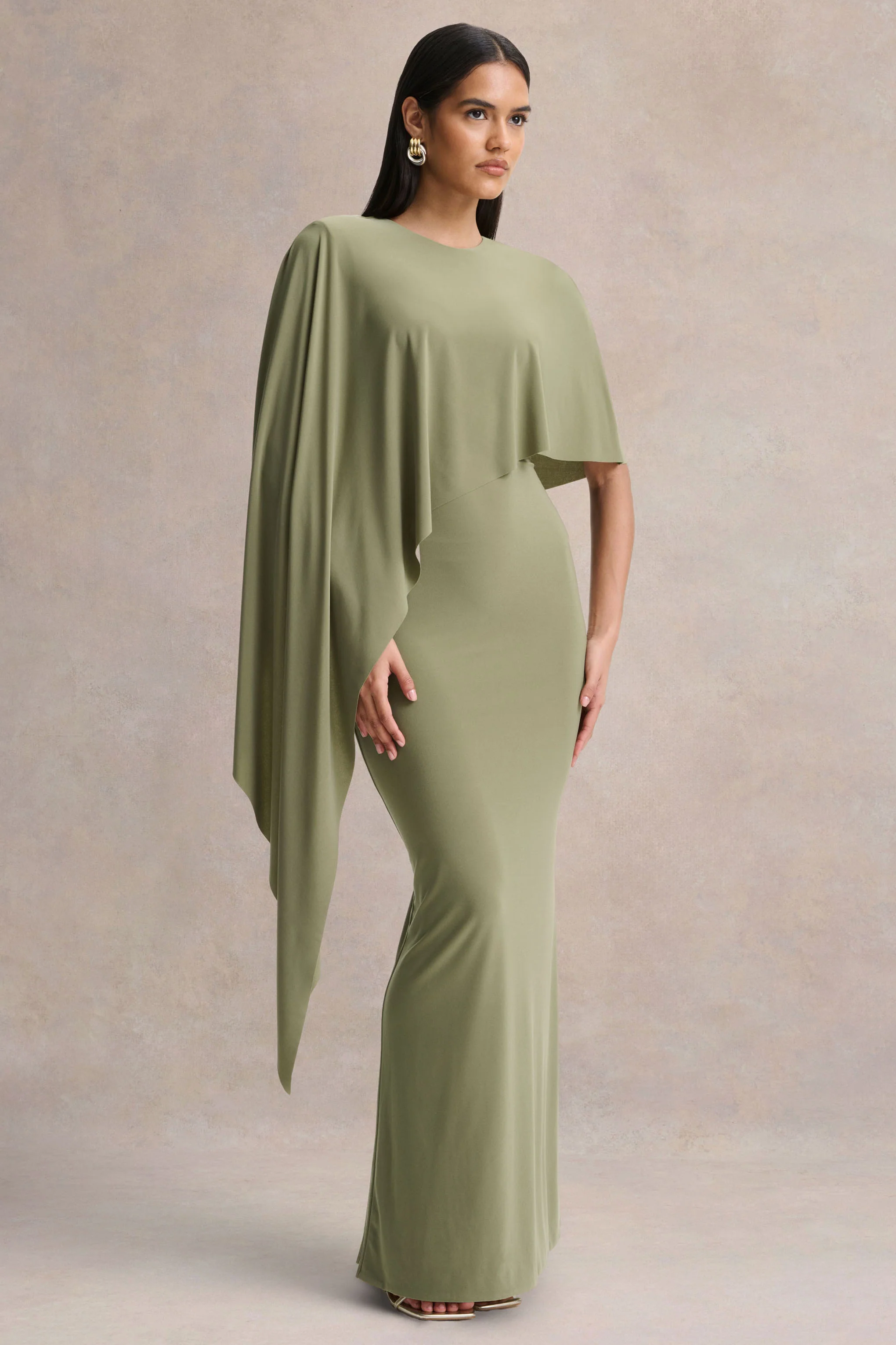 Ravena | Olive Crew-Neck Maxi Dress With Asymmetric-Cape Sleeve - Image 5