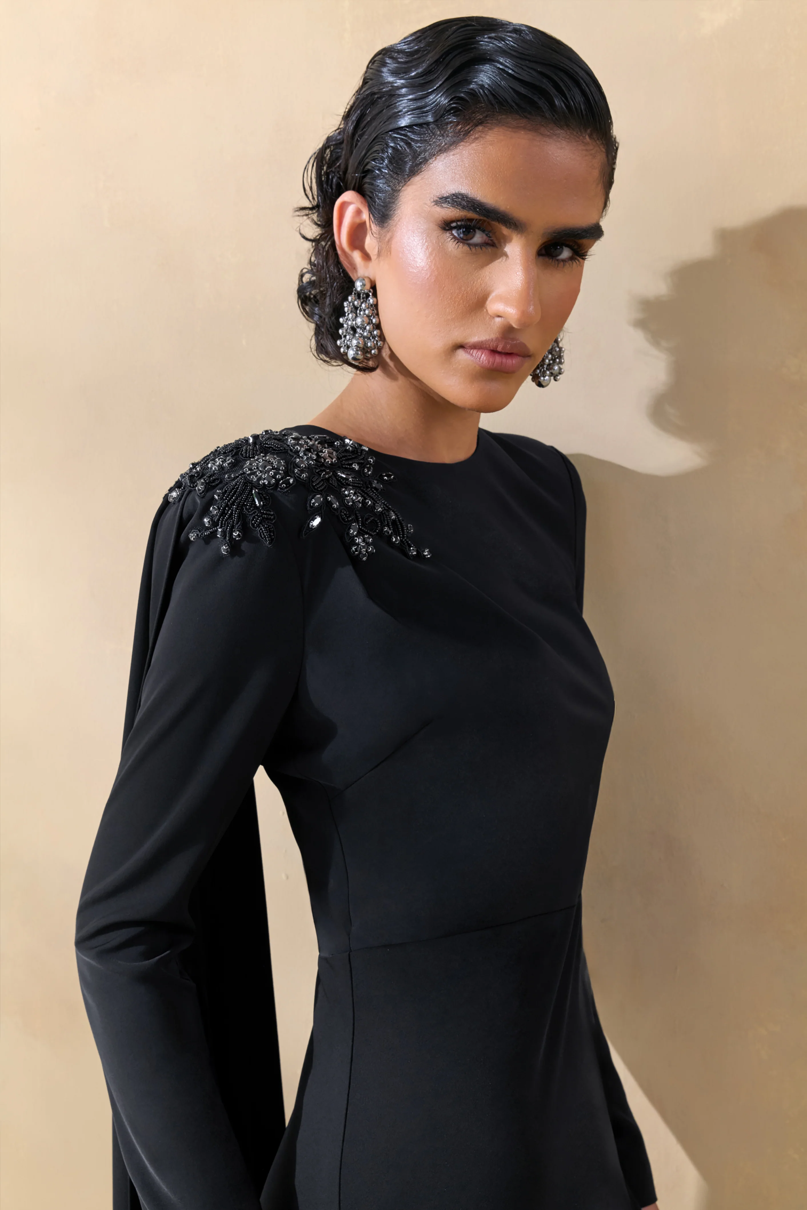 Reese | Black High-Neck Maxi Dress With Embellished Detail and Sash - Image 3