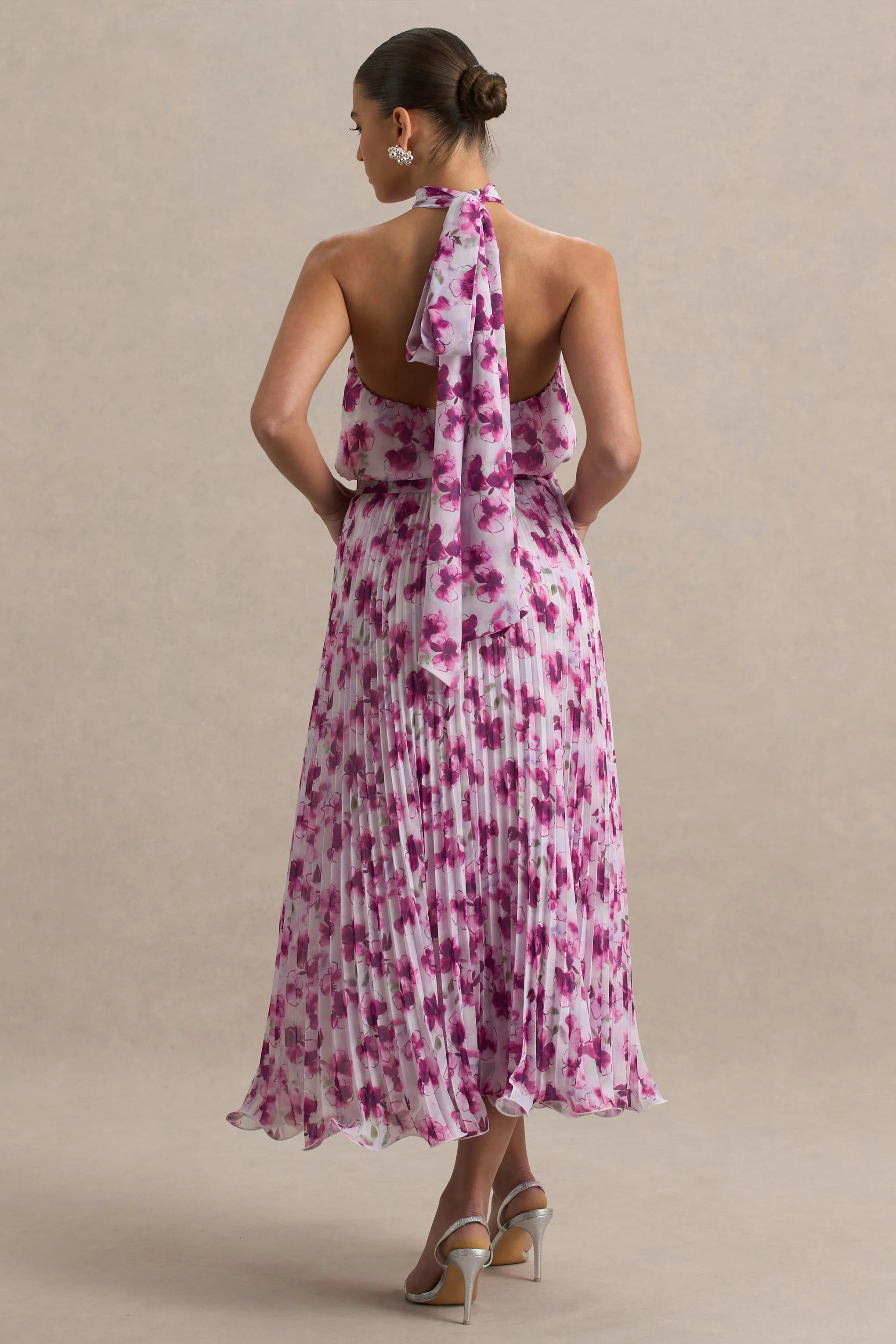 Refractive | Purple Floral Print Satin Maxi Dress With Halter-Neck and Pleated Skirt - Image 2