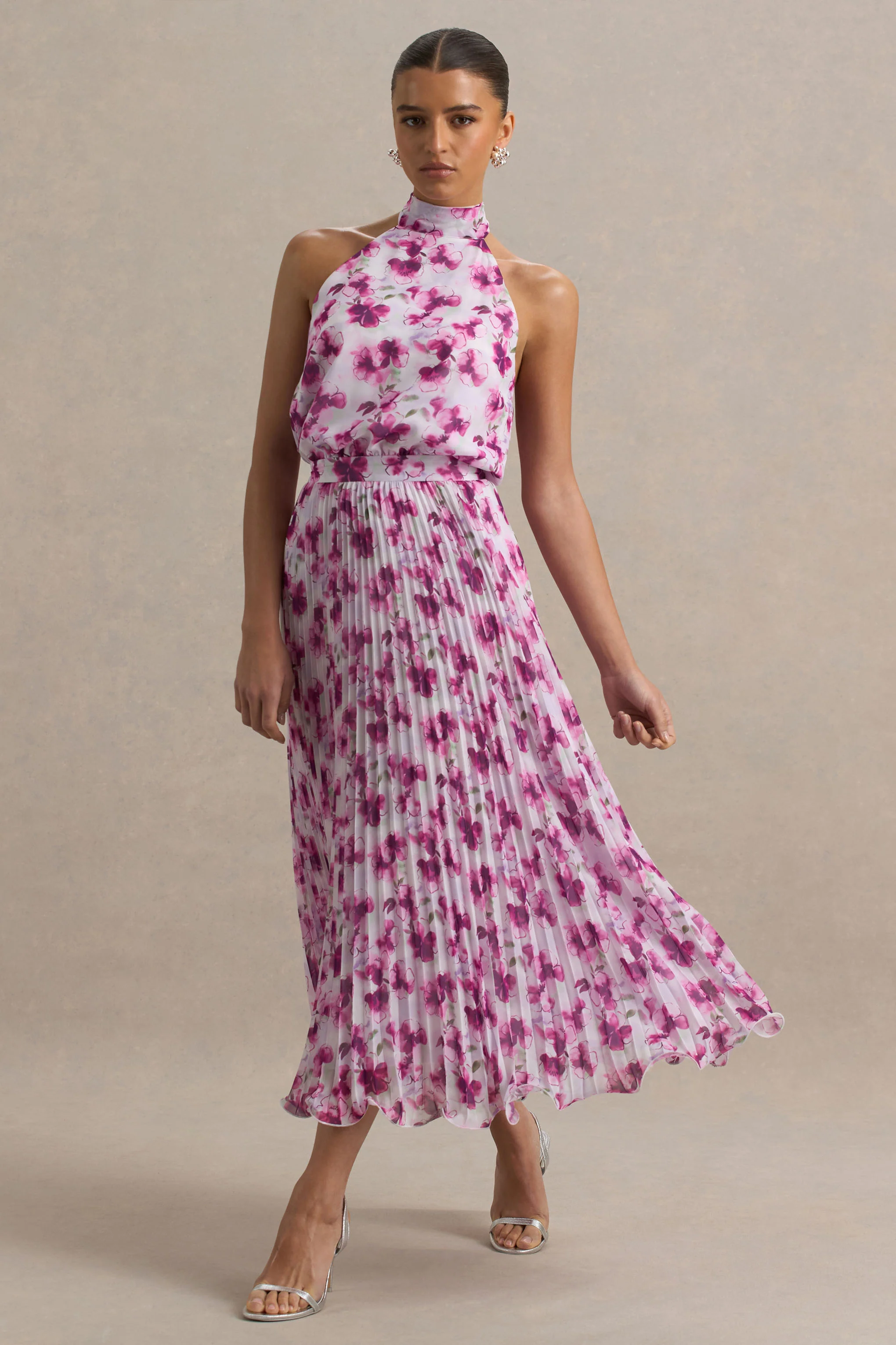 Refractive | Purple Floral Print Satin Maxi Dress With Halter-Neck and Pleated Skirt - Image 3