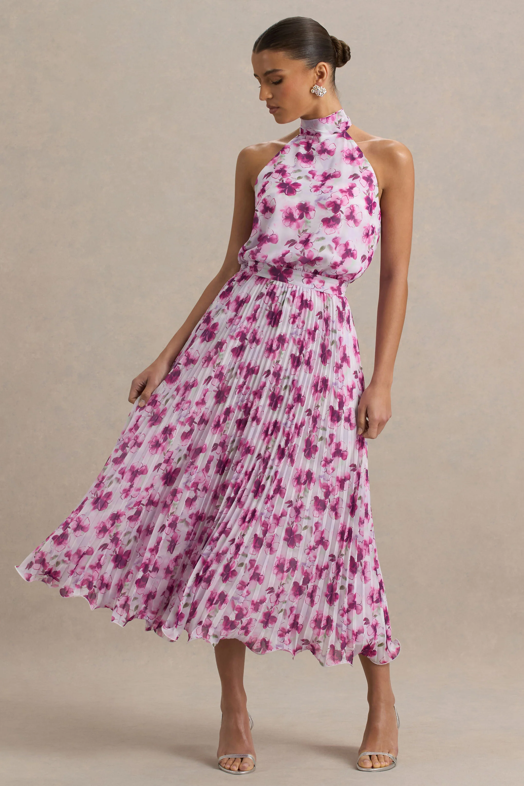 Refractive | Purple Floral Print Satin Maxi Dress With Halter-Neck and Pleated Skirt - Image 4