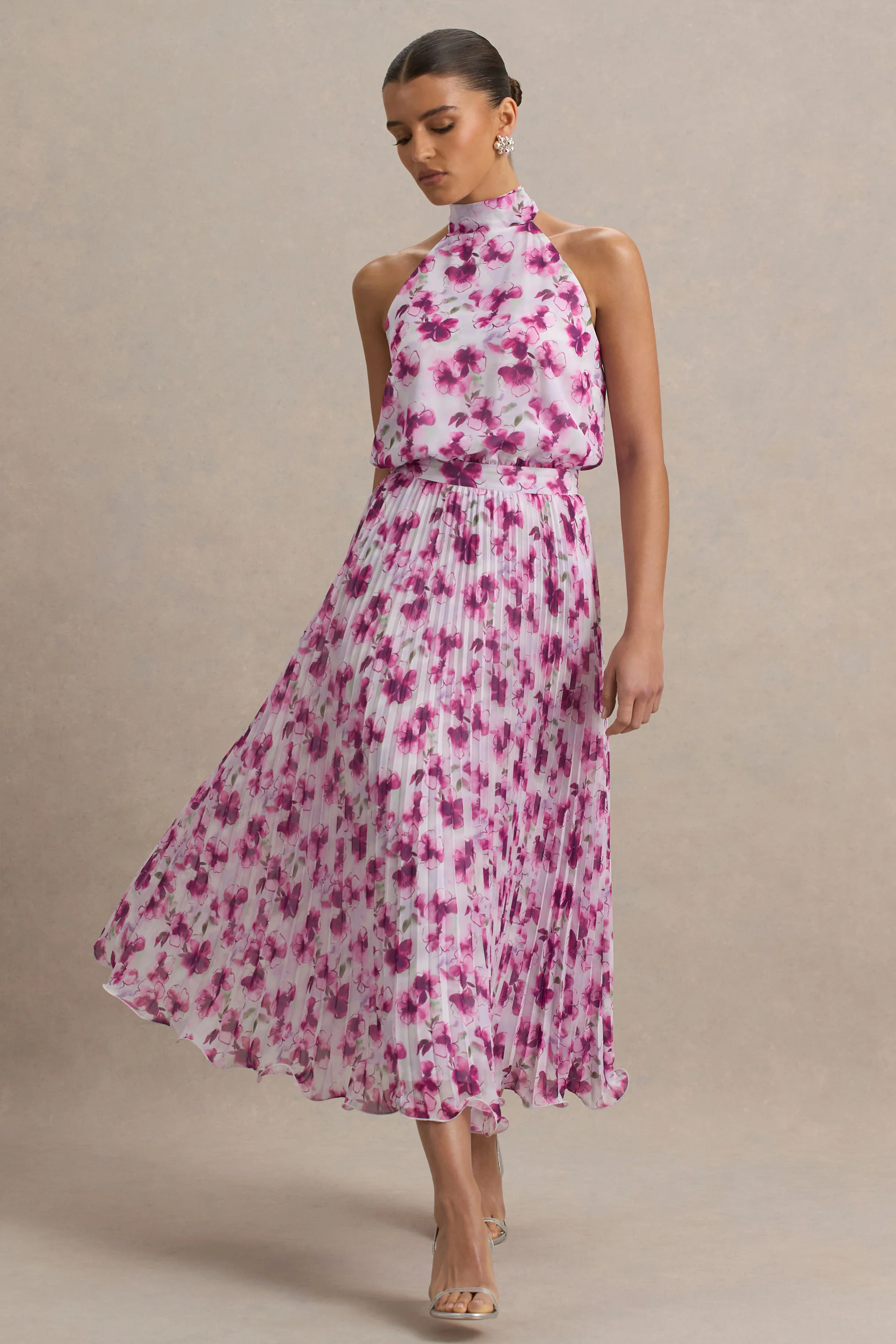 Refractive | Purple Floral Print Satin Maxi Dress With Halter-Neck and Pleated Skirt - Image 5
