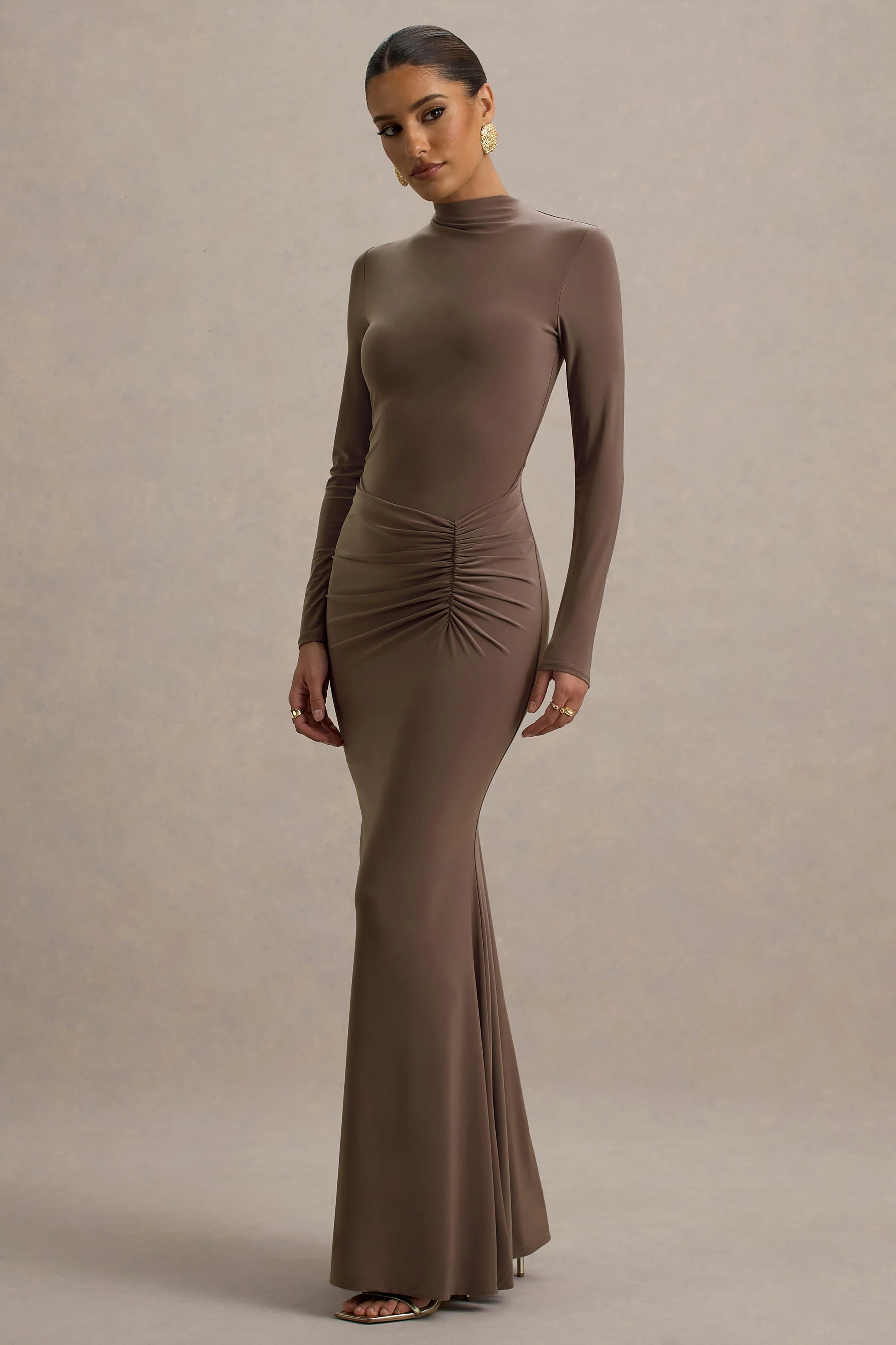 Reid | Brown Long-Sleeve Gathered Maxi Dress - Image 5