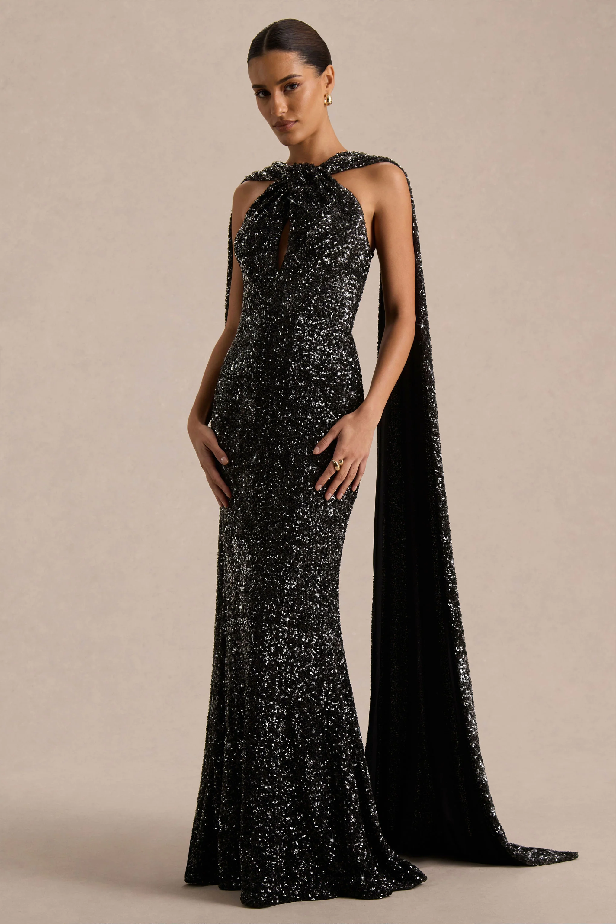 Renelle | Black Sequin Halter Neck Maxi Dress - Image 4