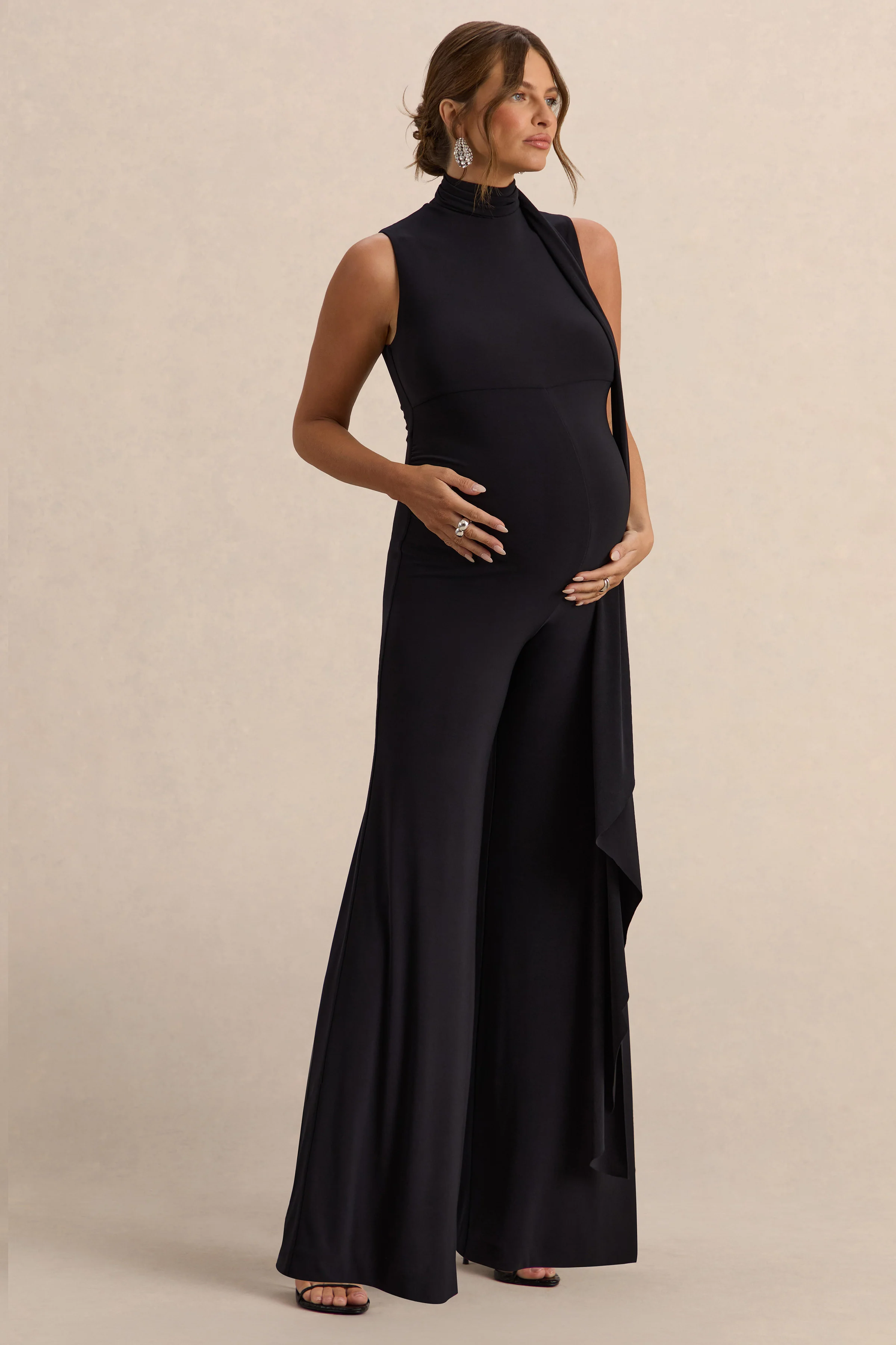 Renza | Black High-Neck Maternity Jumpsuit With Scarf Detail - Image 6