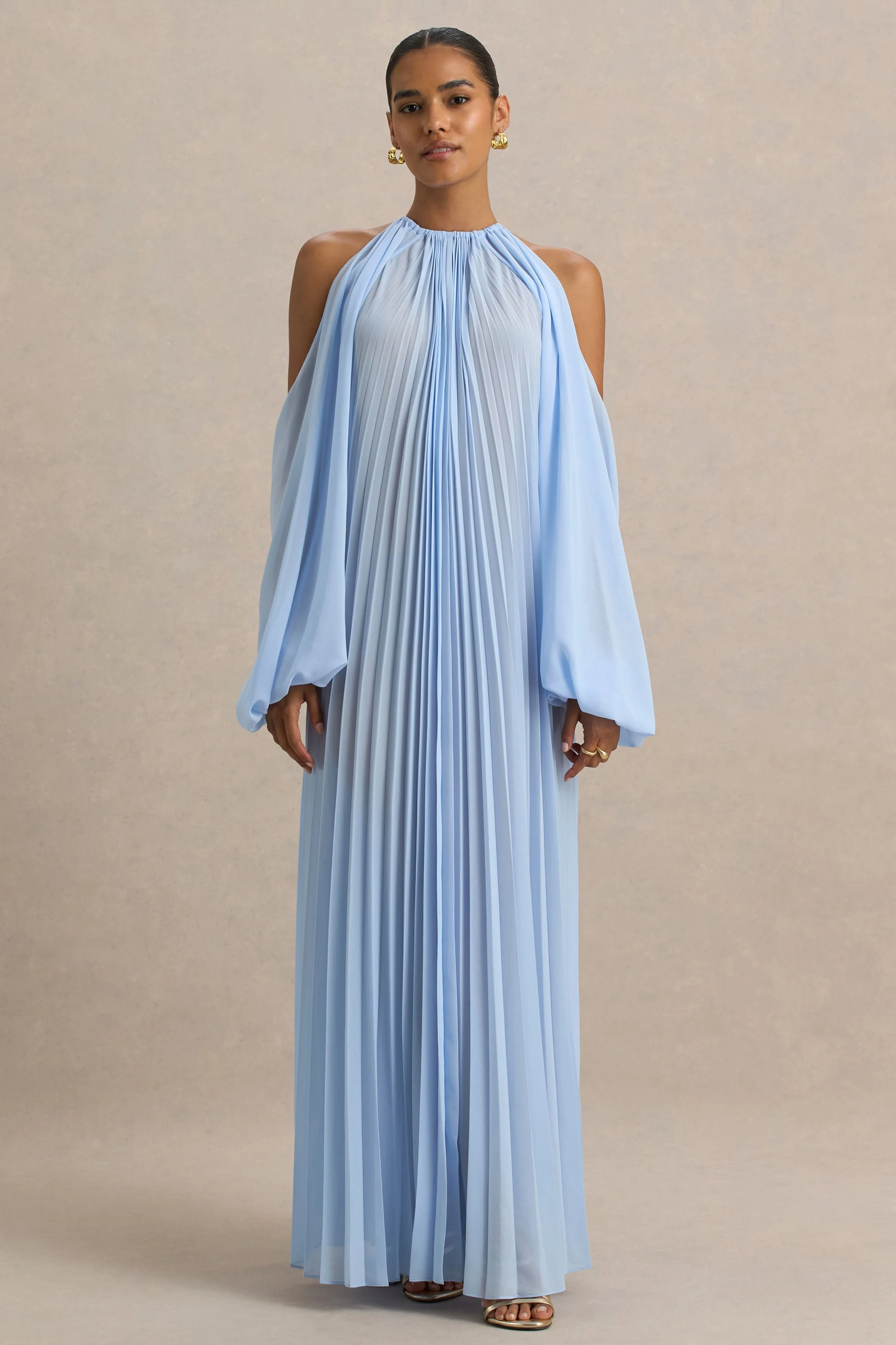 Reyna | Powder Blue Pleated Chiffon Cold-Shoulder Maxi Dress - Image 3