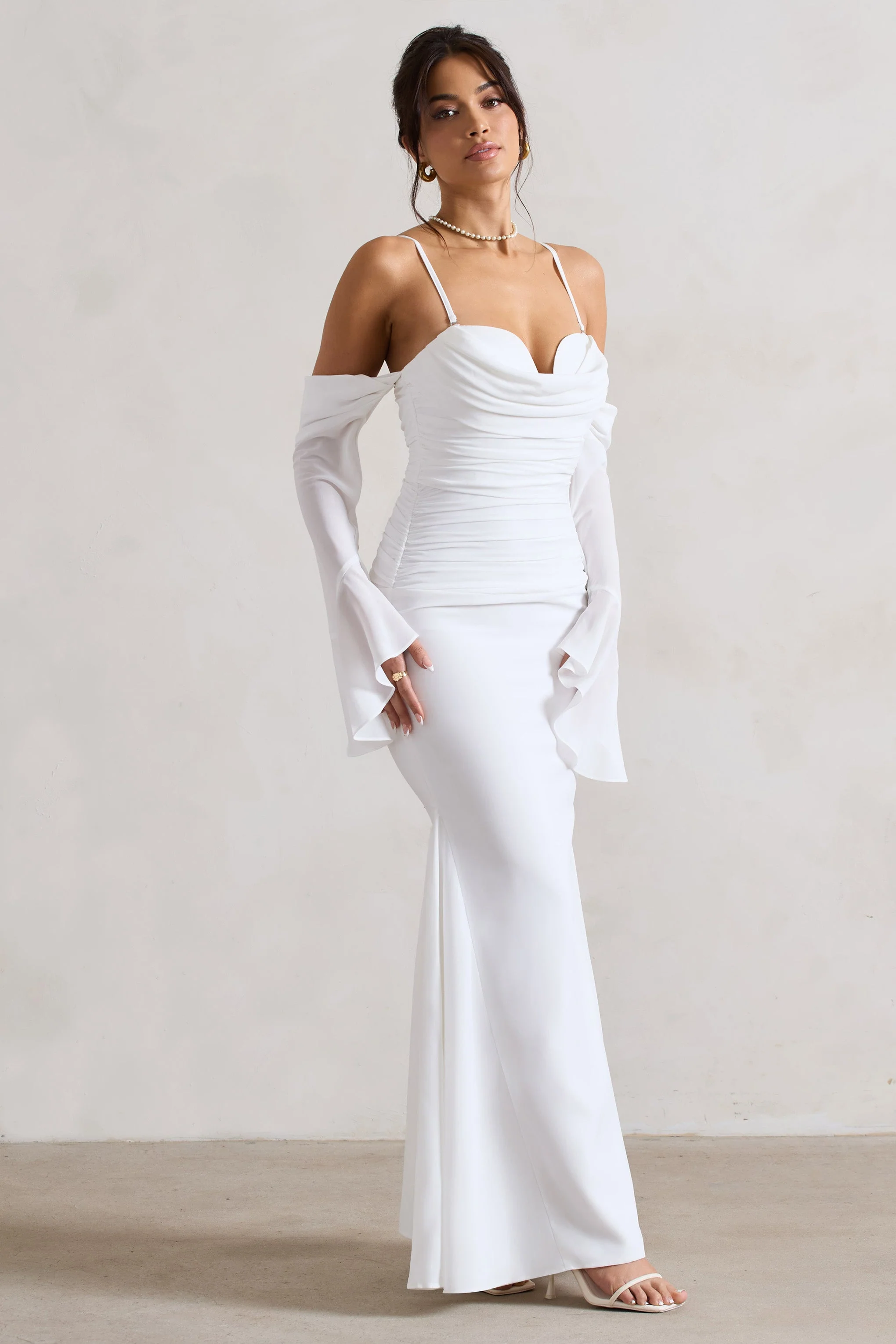 Rhiannon | Cream Draped Flared-Sleeve Fishtail Maxi Dress - Image 3