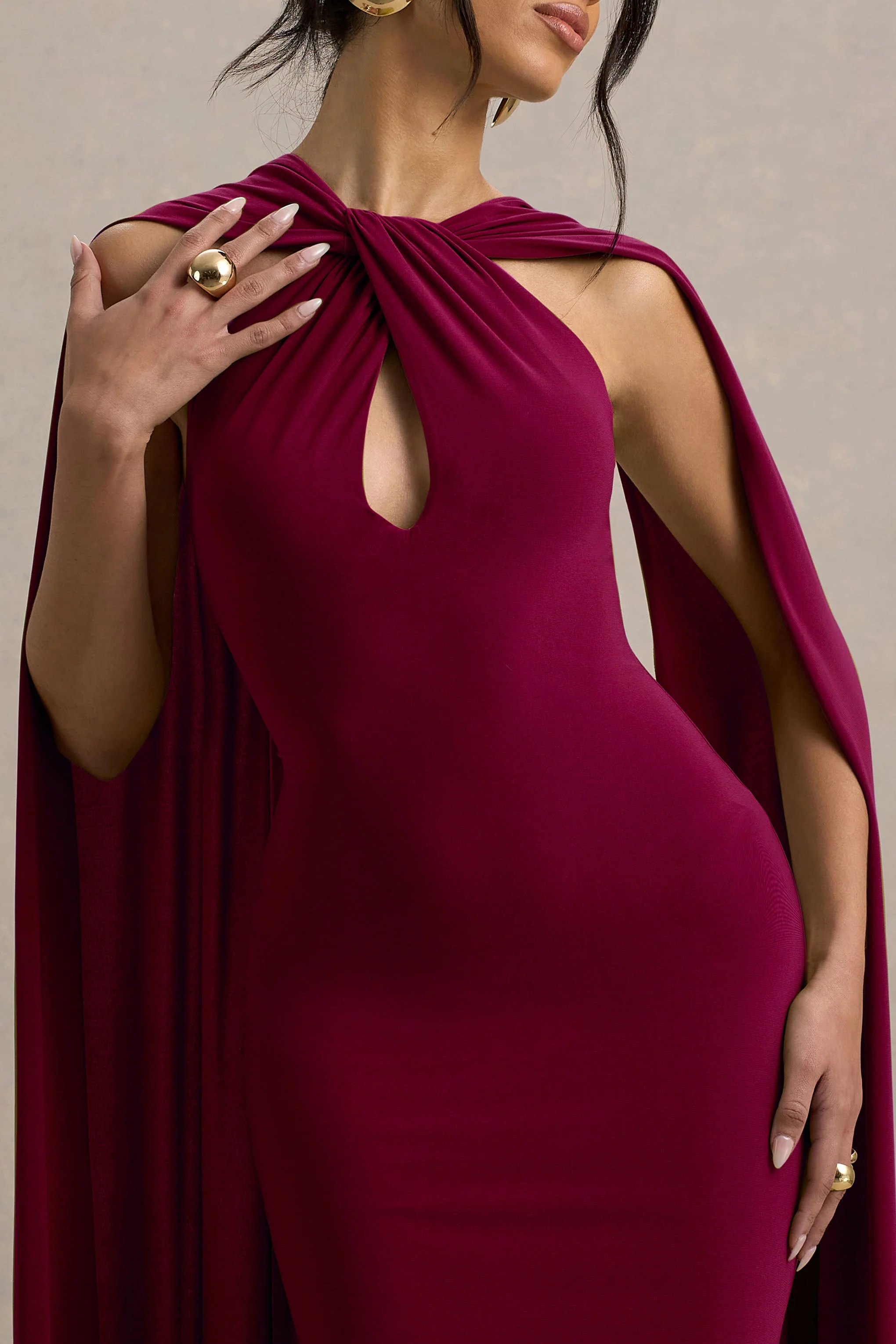 Rhoda | Burgundy Twist Halter-Neck Cape Maxi Dress - Image 6