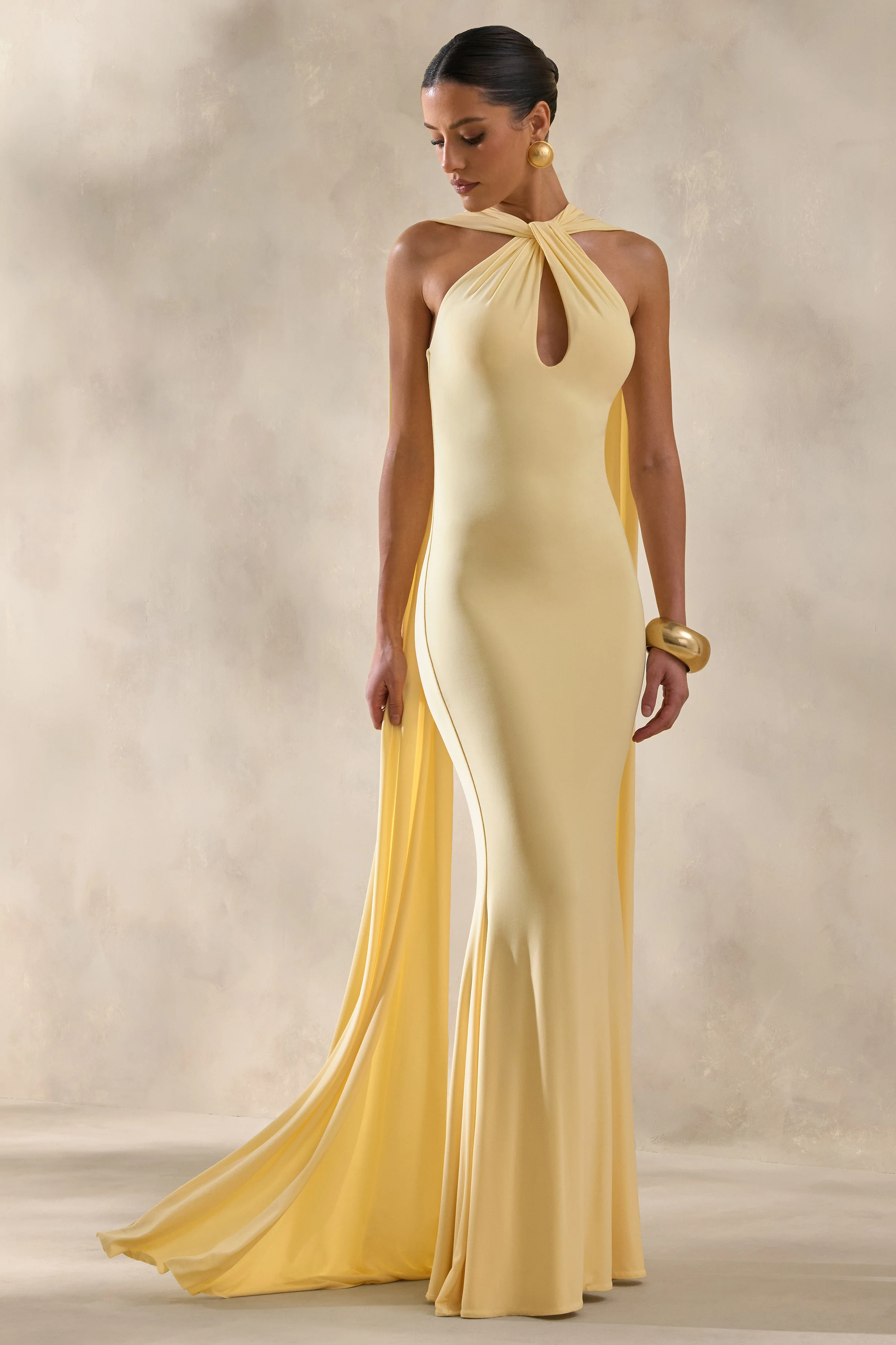 Rhoda | Lemon Twist Halter-Neck Cape Maxi Dress - Image 5