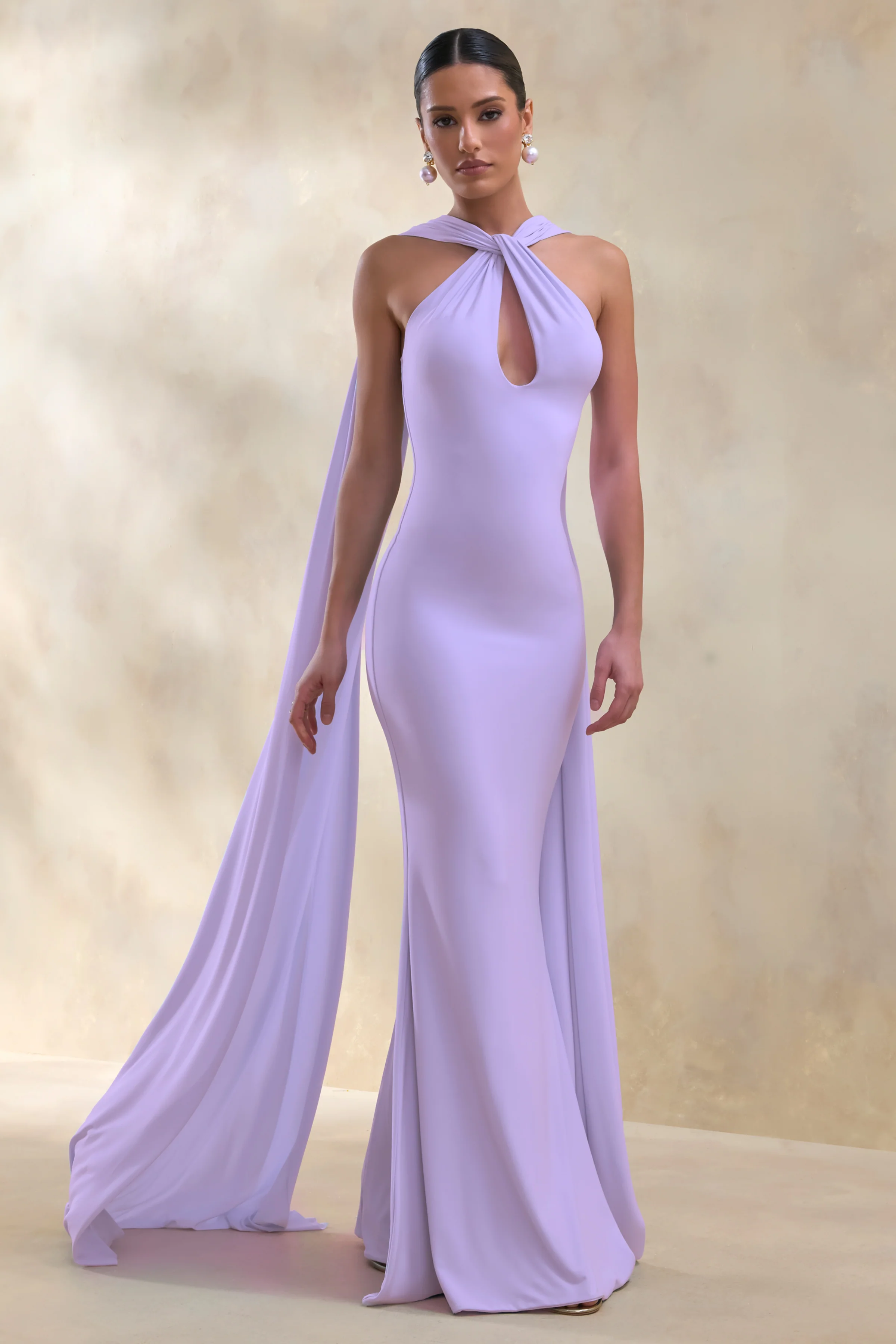 Rhoda | Lilac Twist Halter-Neck Cape Maxi Dress - Image 5