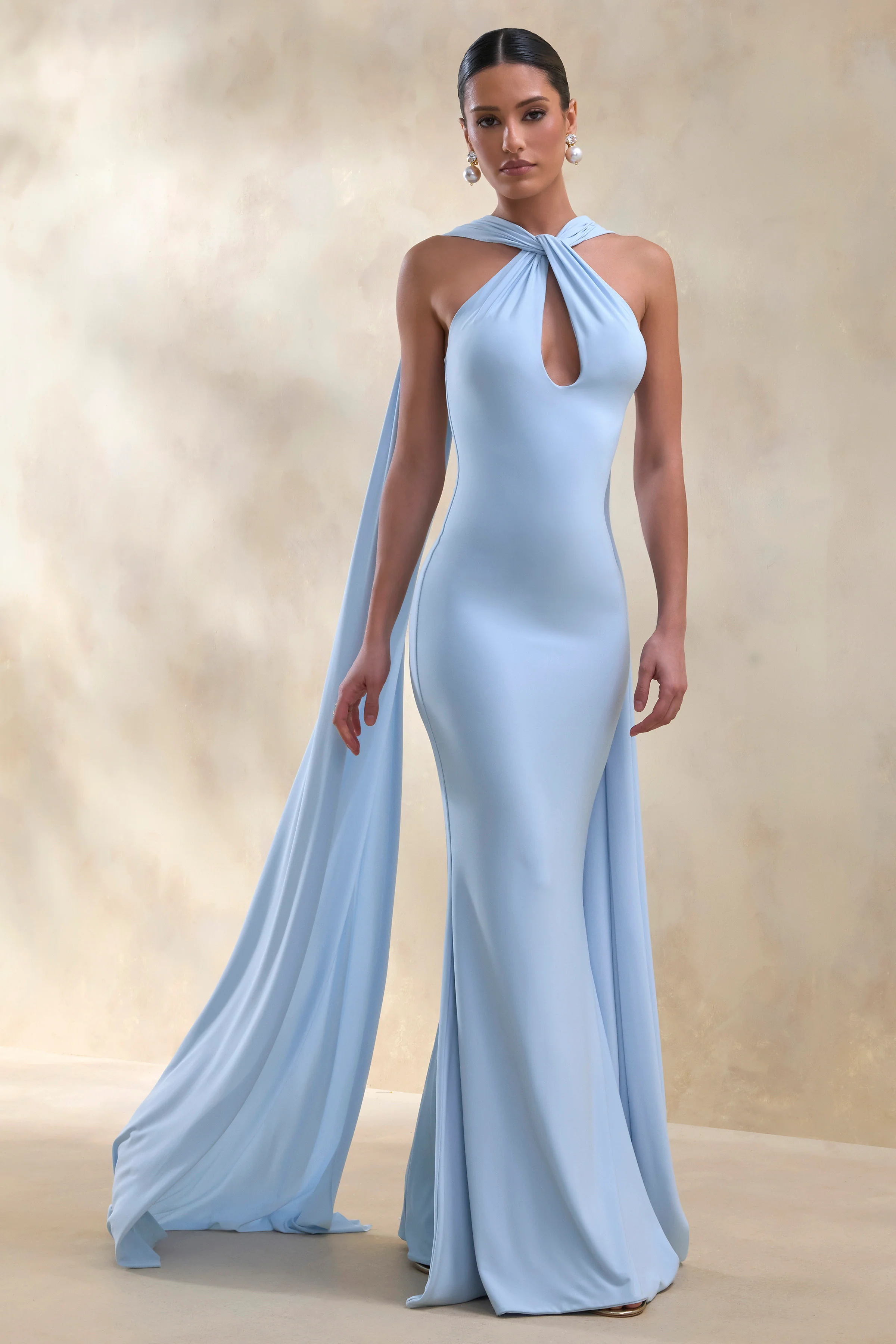 Rhoda | Powder Blue Twist Halter-Neck Cape Maxi Dress - Image 5