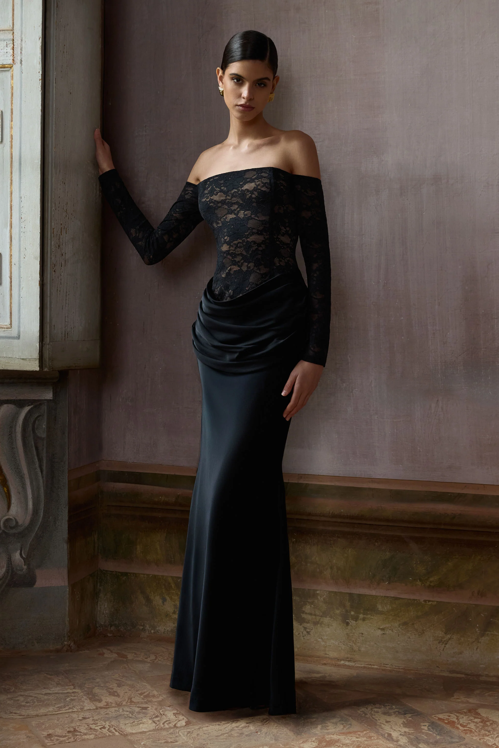 Rinna | Black Lace And Satin Bardot-Neck Maxi Dress - Image 7