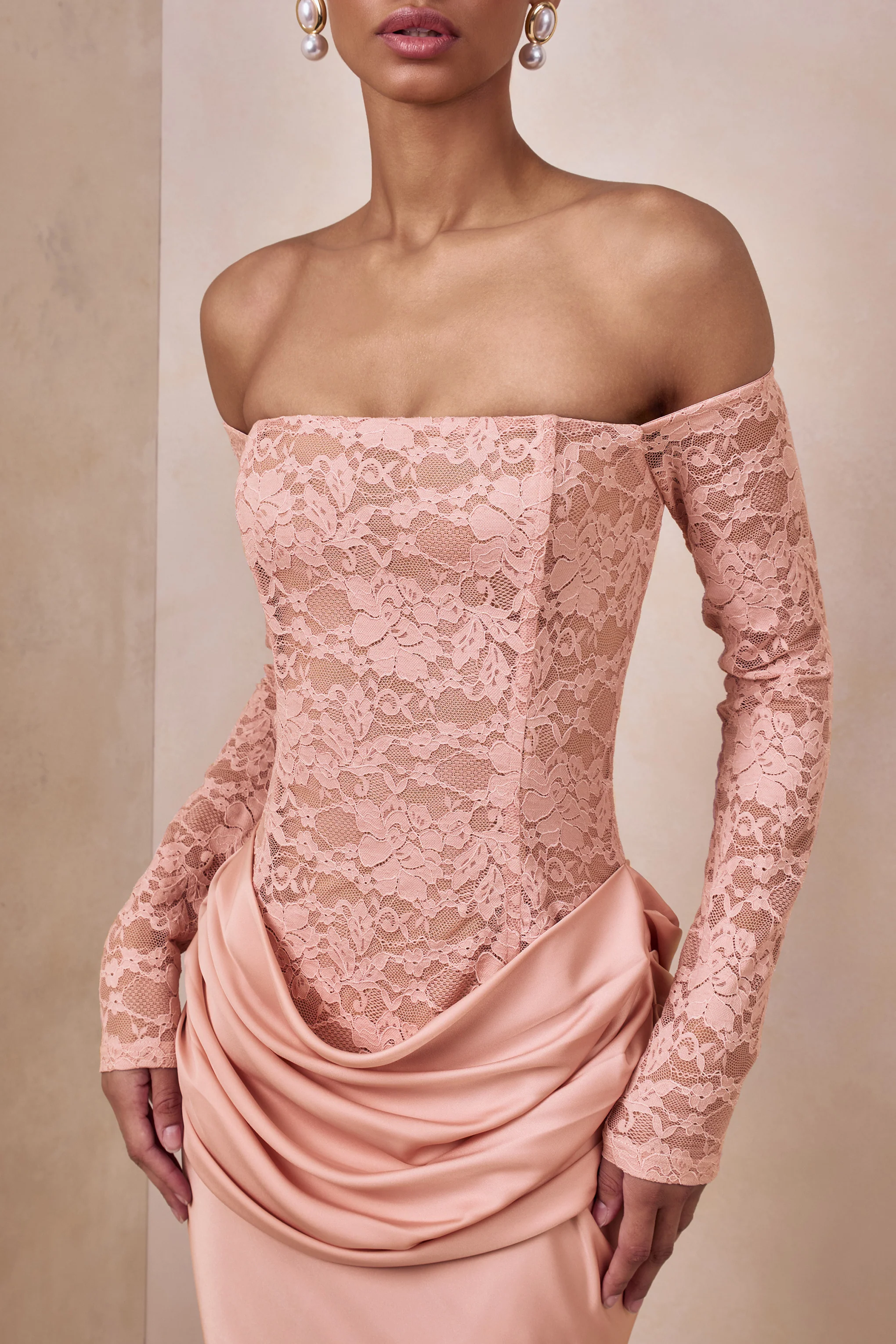 Rinna | Pink Lace And Satin Bardot-Neck Maxi Dress - Image 3