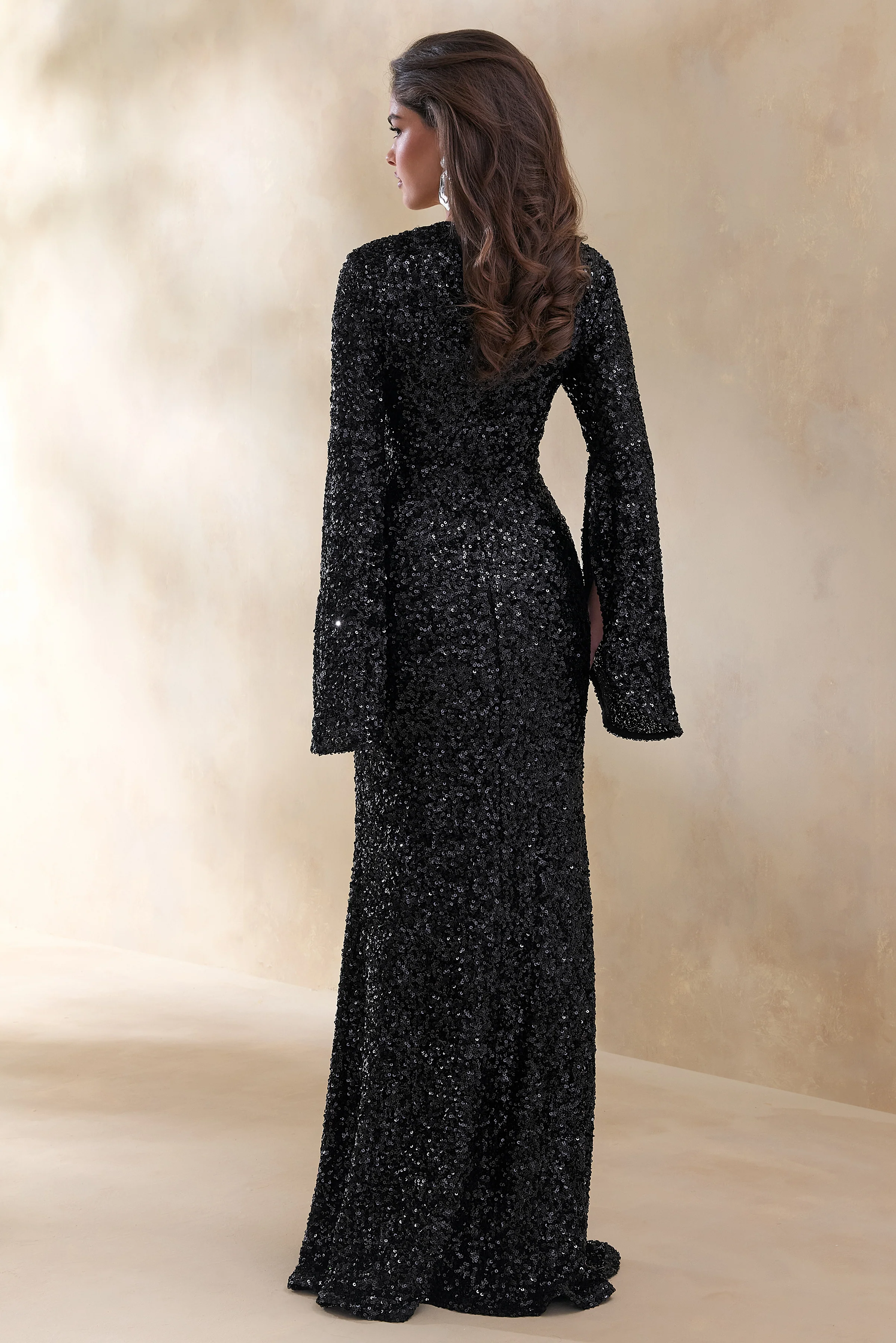 Romea | Black Sequin High-Neck Maxi Dress With Cape Sleeves - Image 2