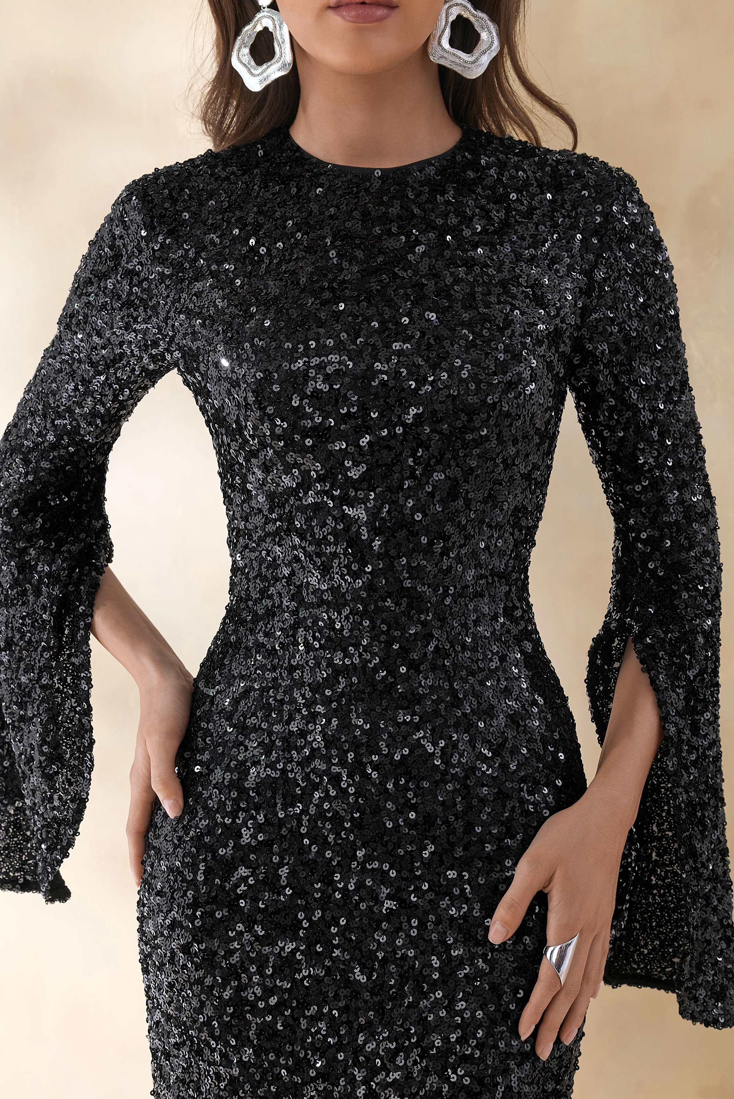 Romea | Black Sequin High-Neck Maxi Dress With Cape Sleeves - Image 3