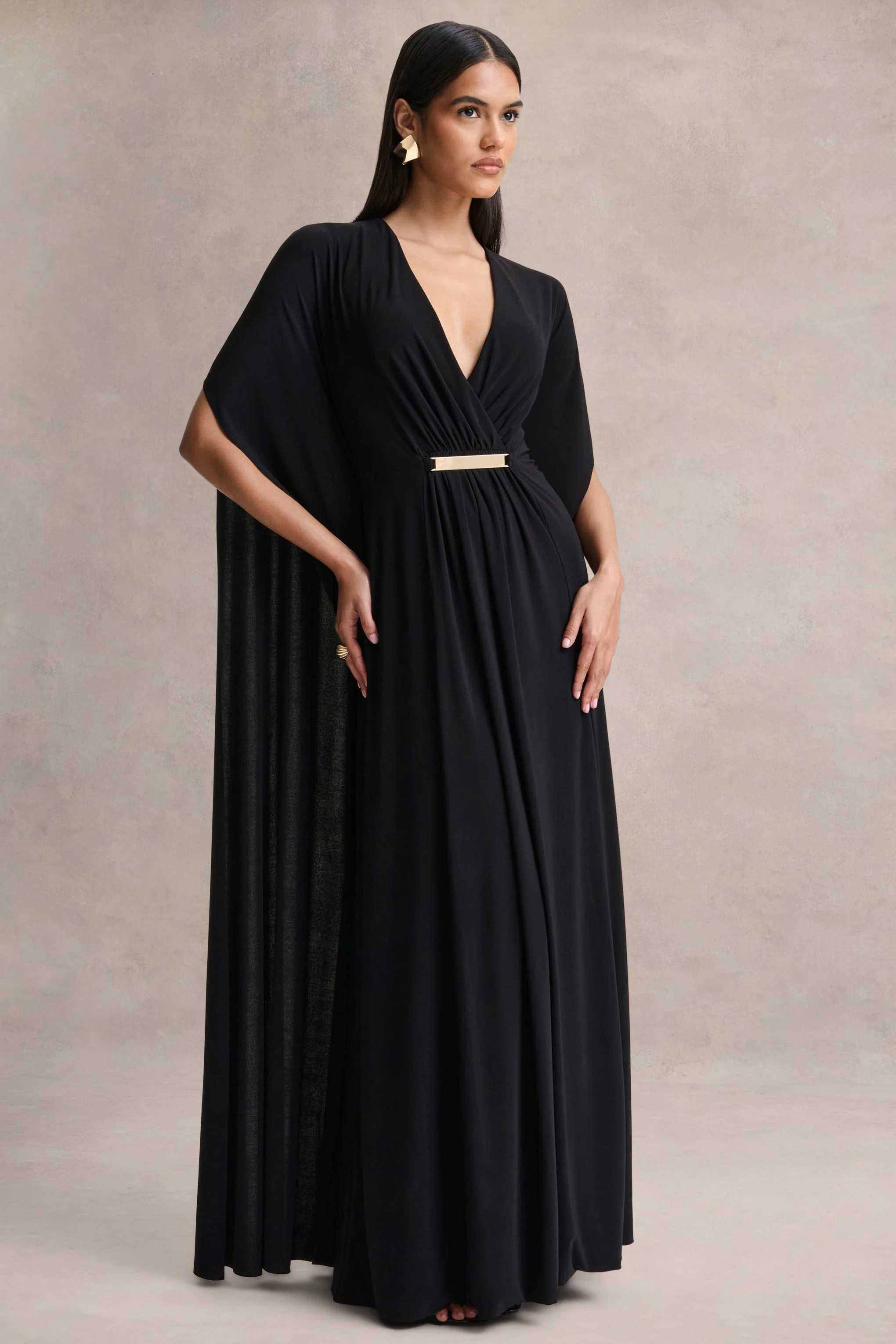 Romilly | Black Plunge-Neck Maxi Dress With Gathered Detail - Image 5