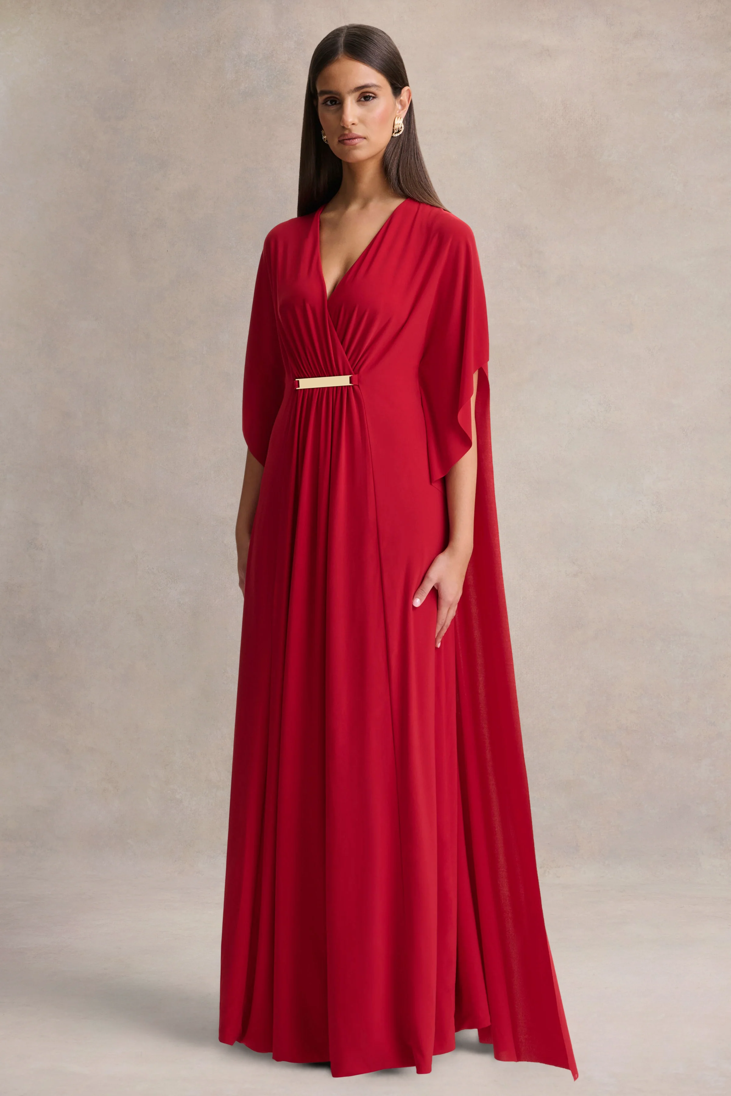 Romilly | Red Plunge-Neck Maxi Dress With Gathered Detail - Image 5