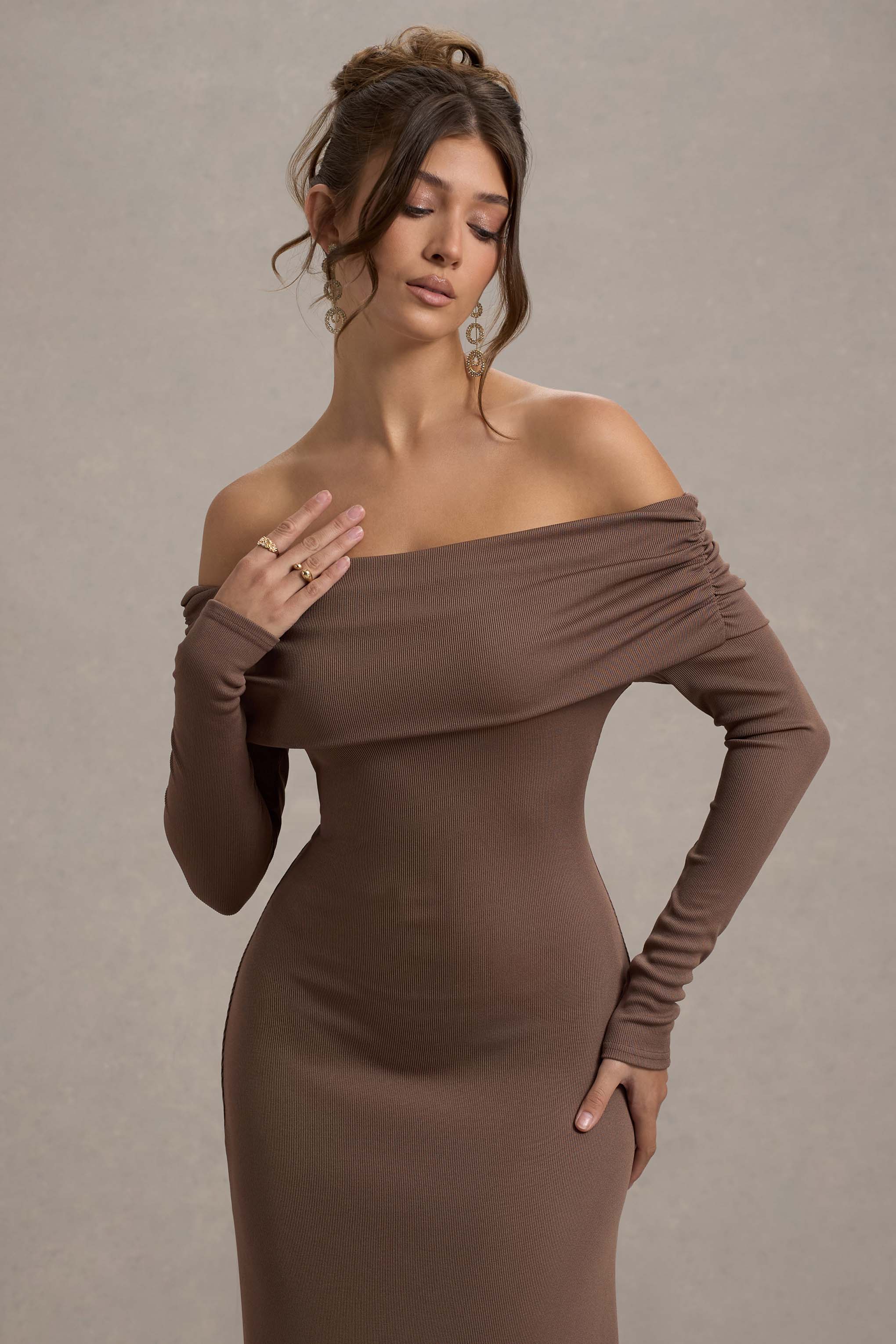 Romina | Mocha Rib Knit Bardot Maxi Dress With Asymmetric Hem - Image 3