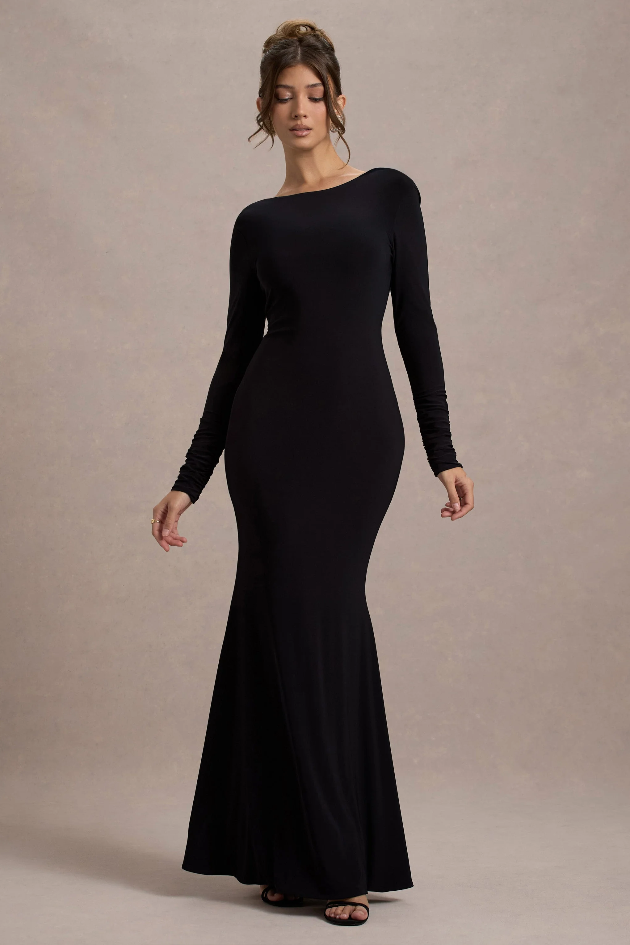 Rosalee | Black Long-Sleeve Cowl-Back Maxi Dress With Bows - Image 4
