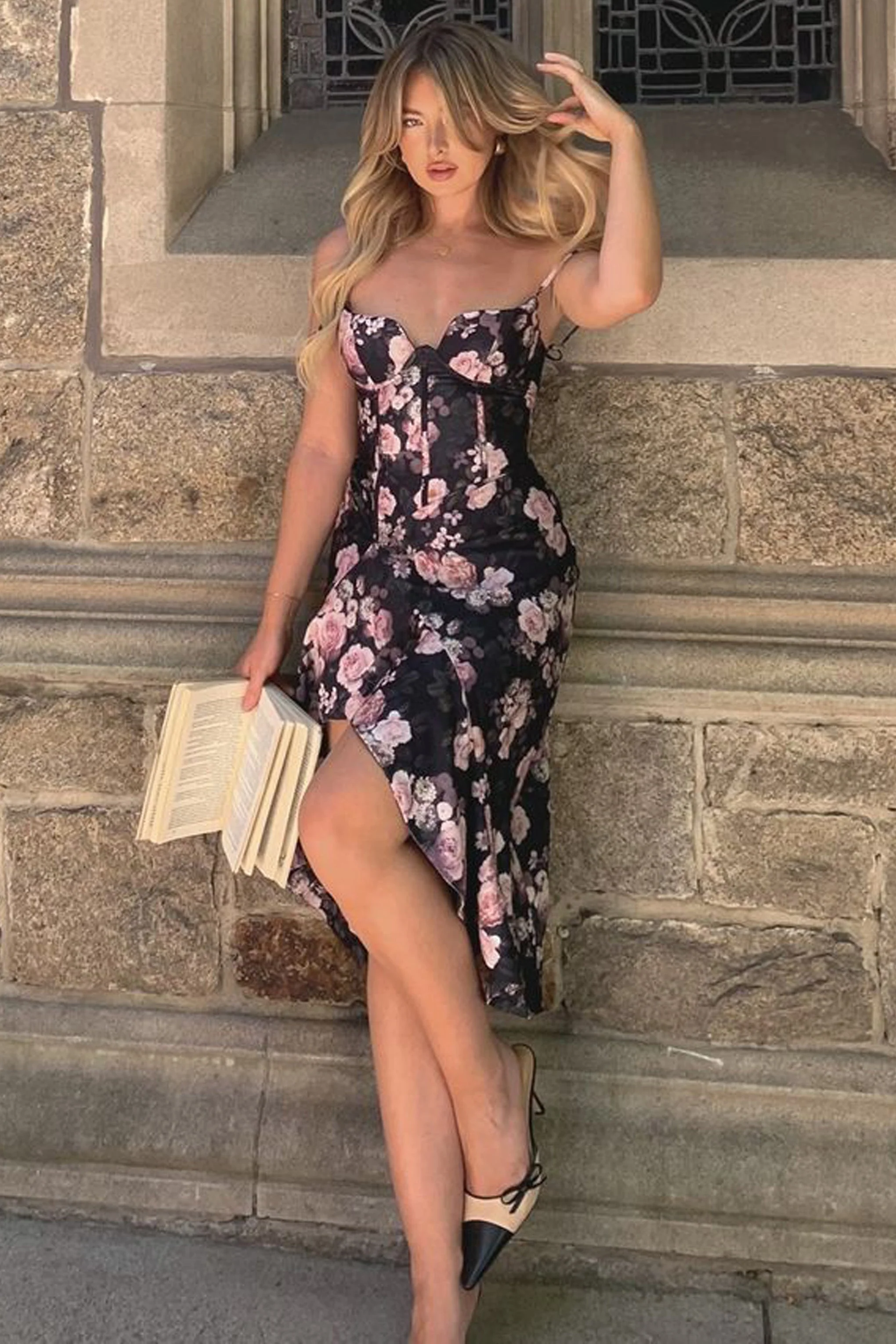 Roses | Black Floral Corset Ruffled Midi Dress - Image 6