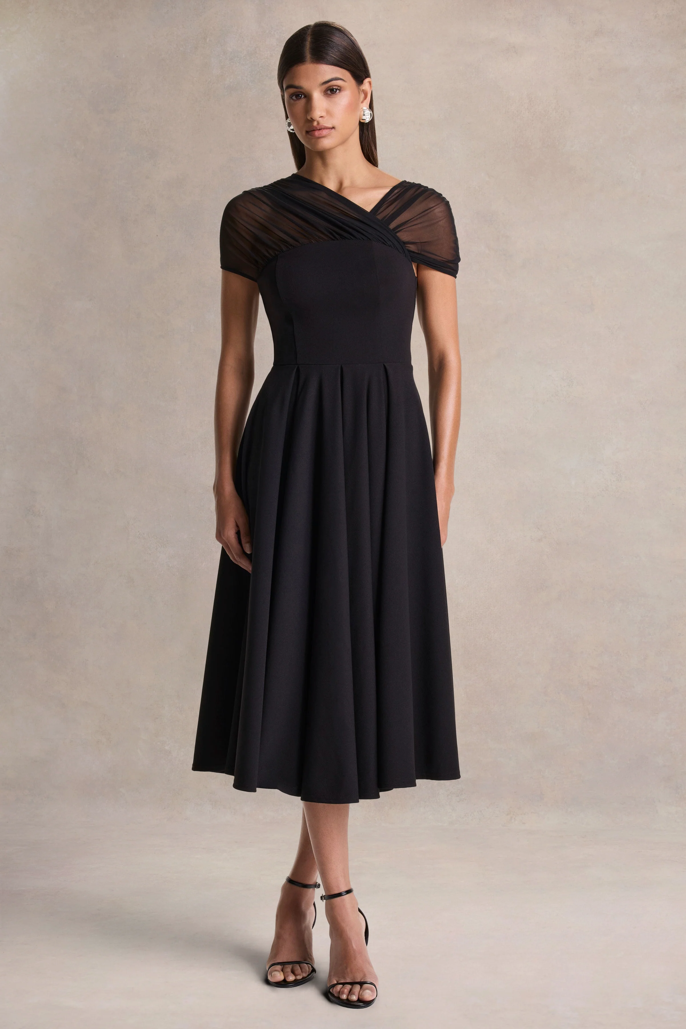 Rosette | Black Asymmetric-Neck Midi Dress - Image 4