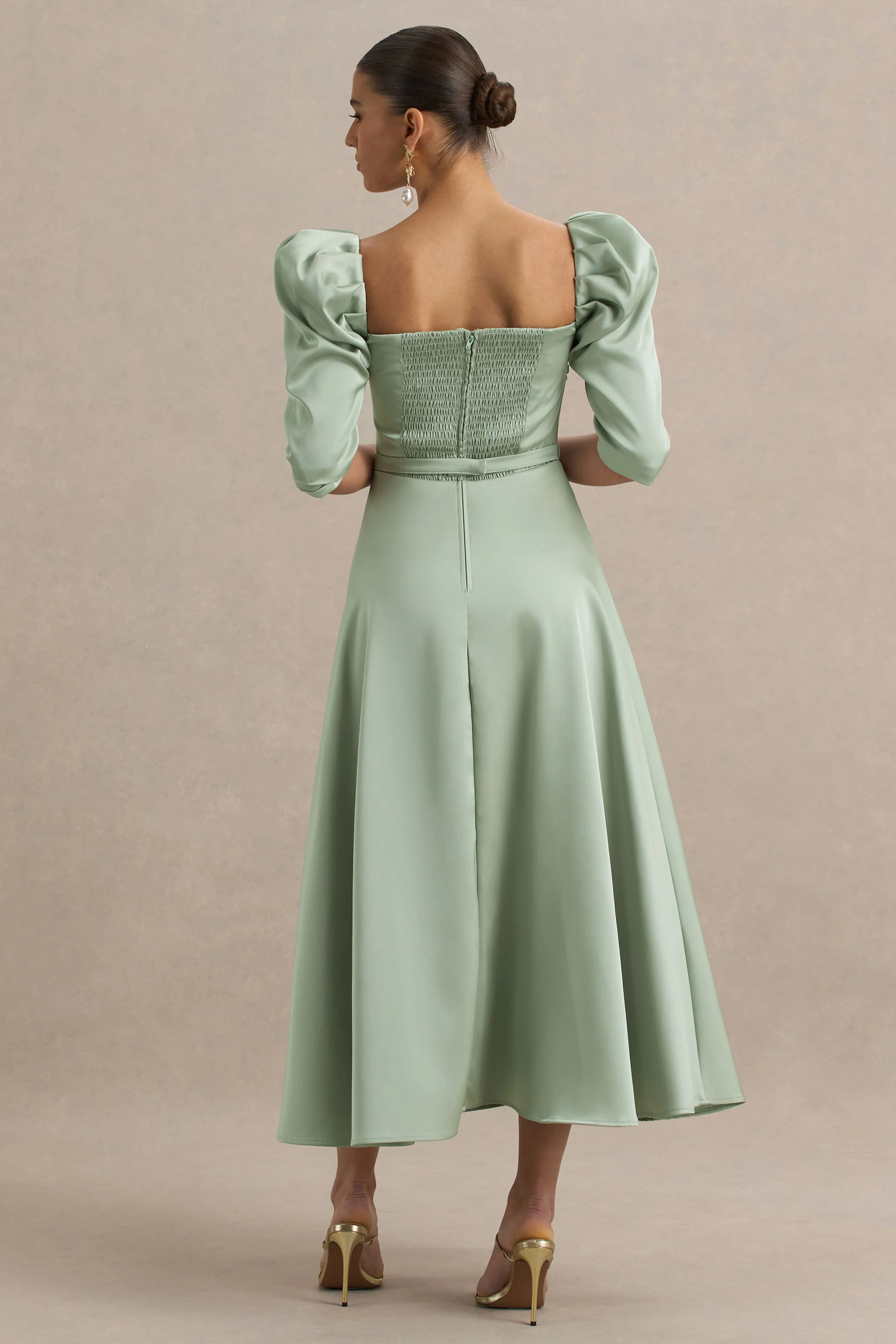 Rosey | Green Satin Sweetheart Midi Dress - Image 2