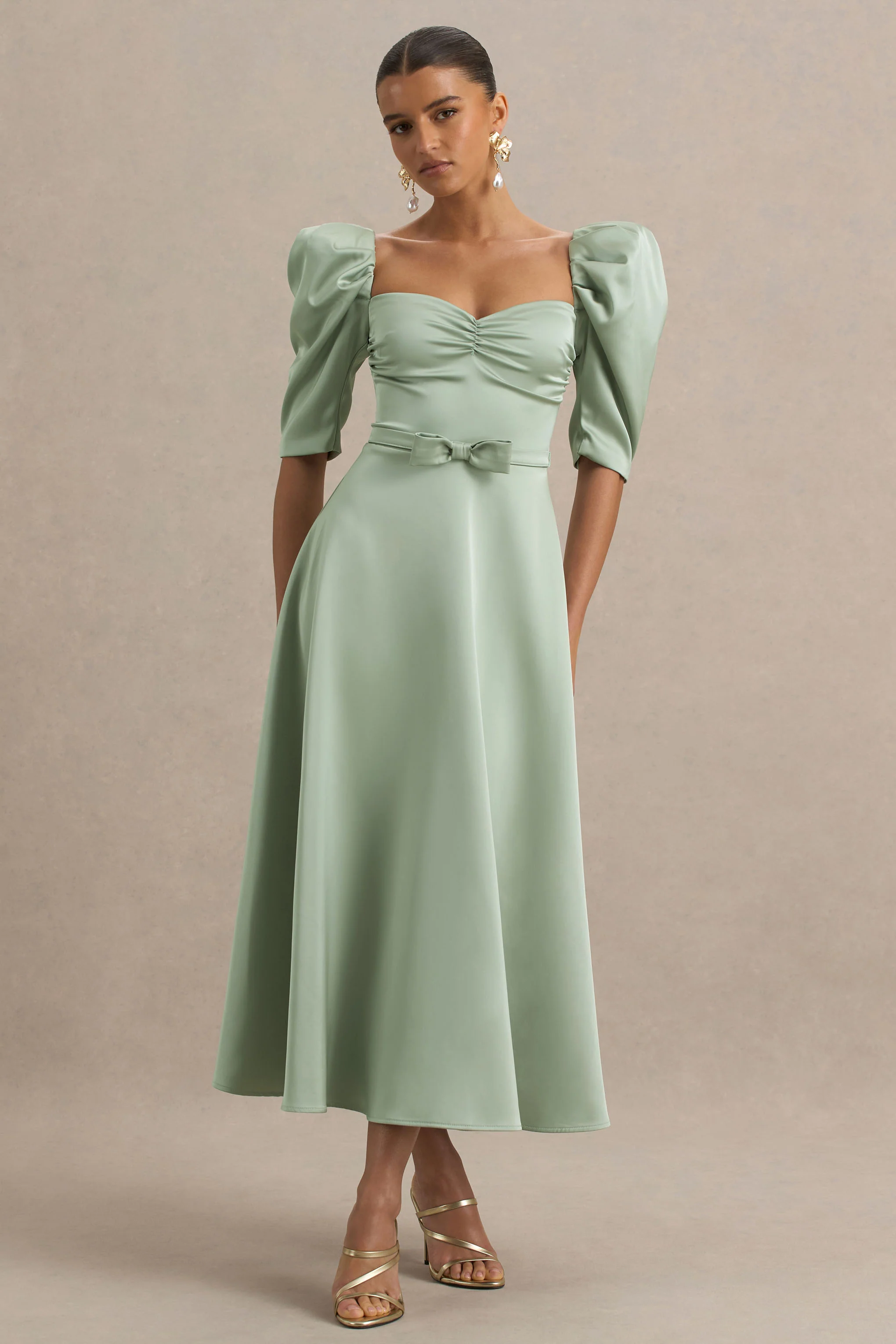 Rosey | Green Satin Sweetheart Midi Dress - Image 3