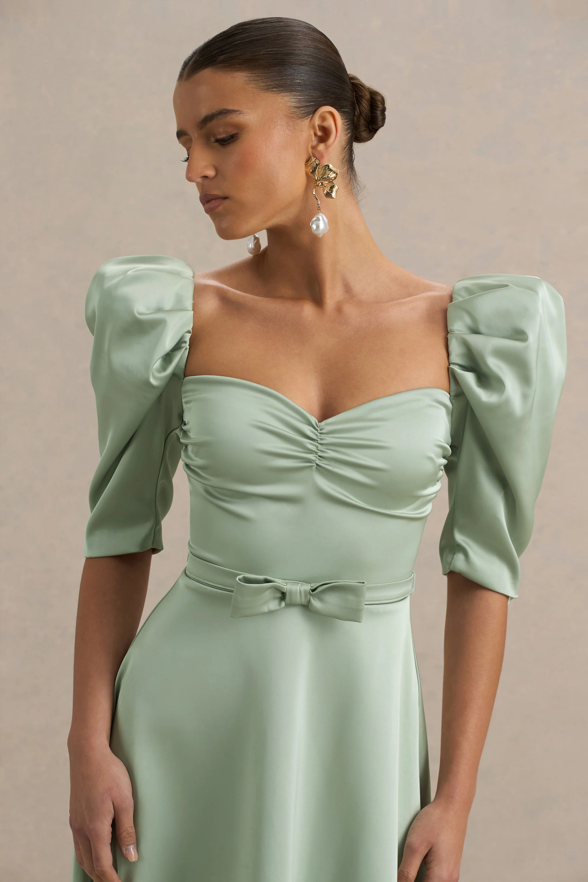 Rosey | Green Satin Sweetheart Midi Dress - Image 6