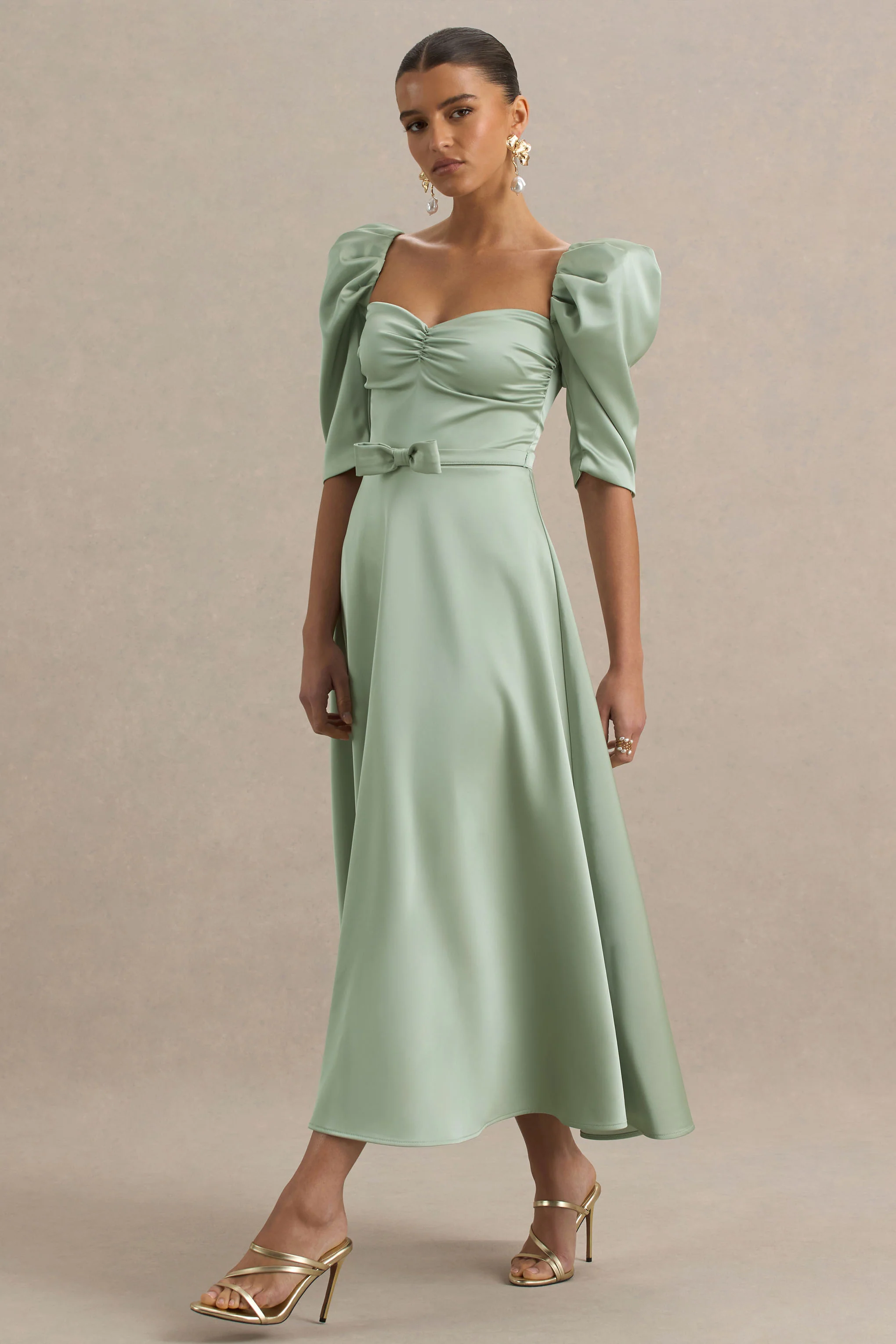 Rosey | Green Satin Sweetheart Midi Dress - Image 7
