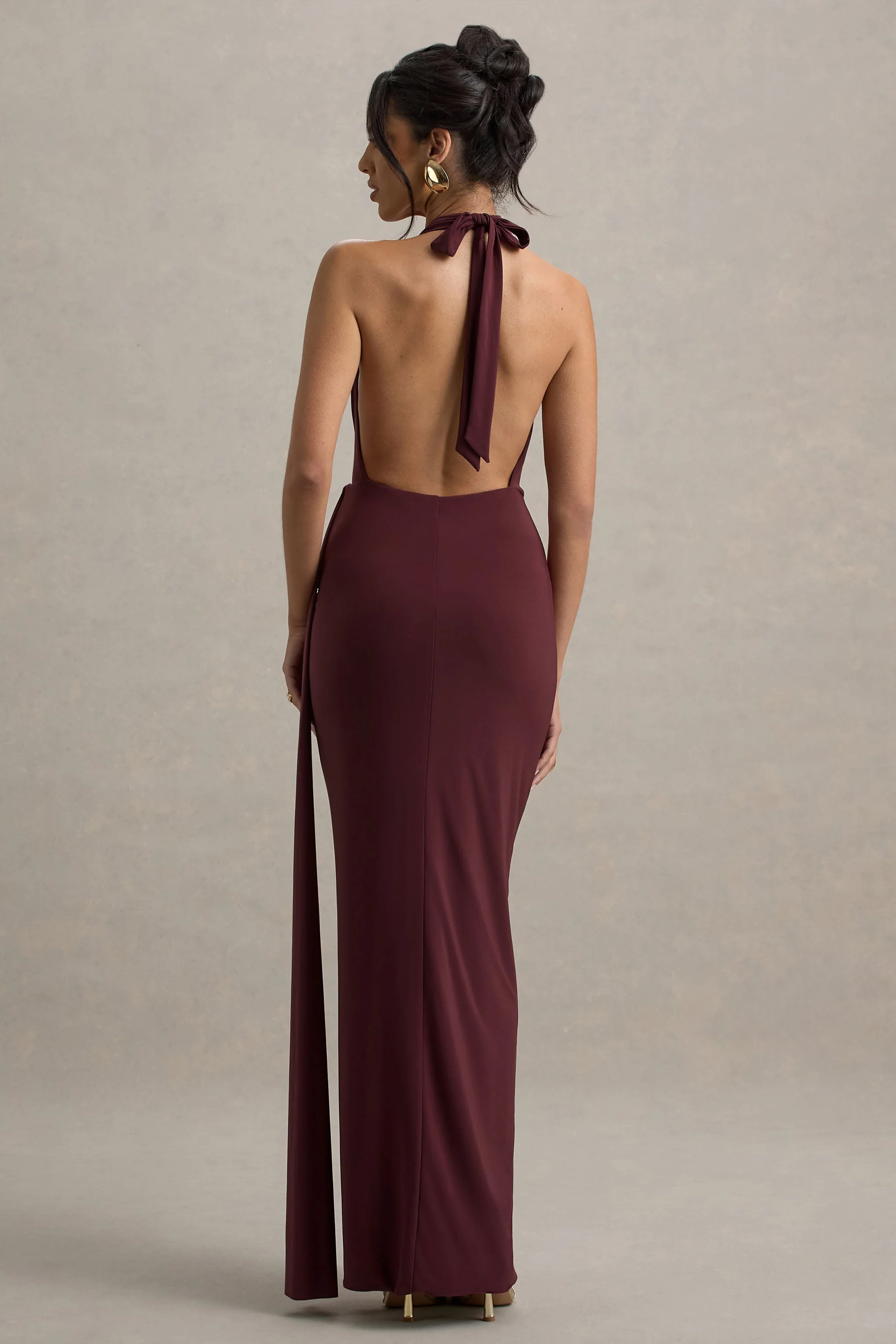 Rosina | Burgundy Halter-Neck Draped Maxi Dress With Sash - Image 2