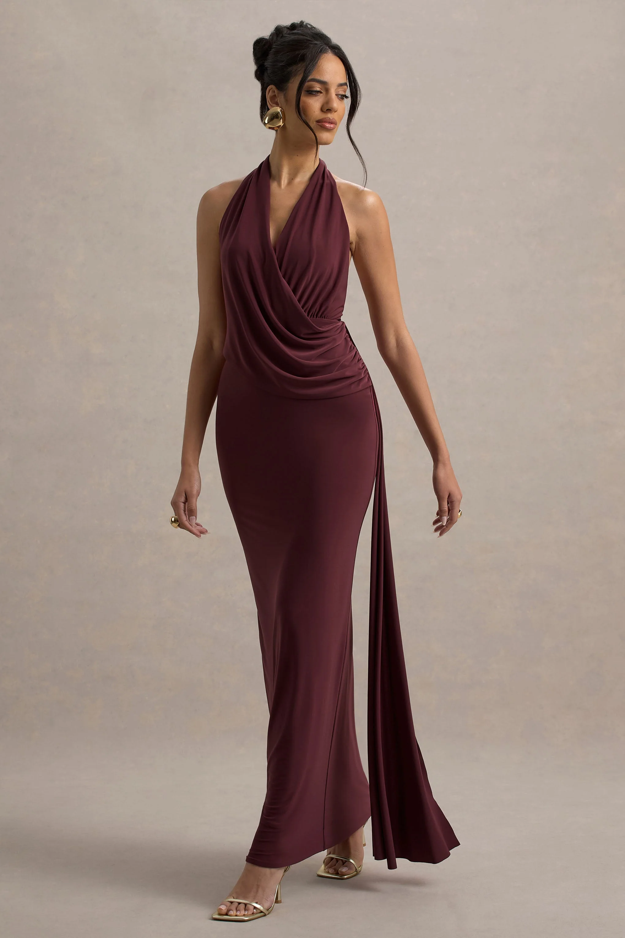 Rosina | Burgundy Halter-Neck Draped Maxi Dress With Sash - Image 4