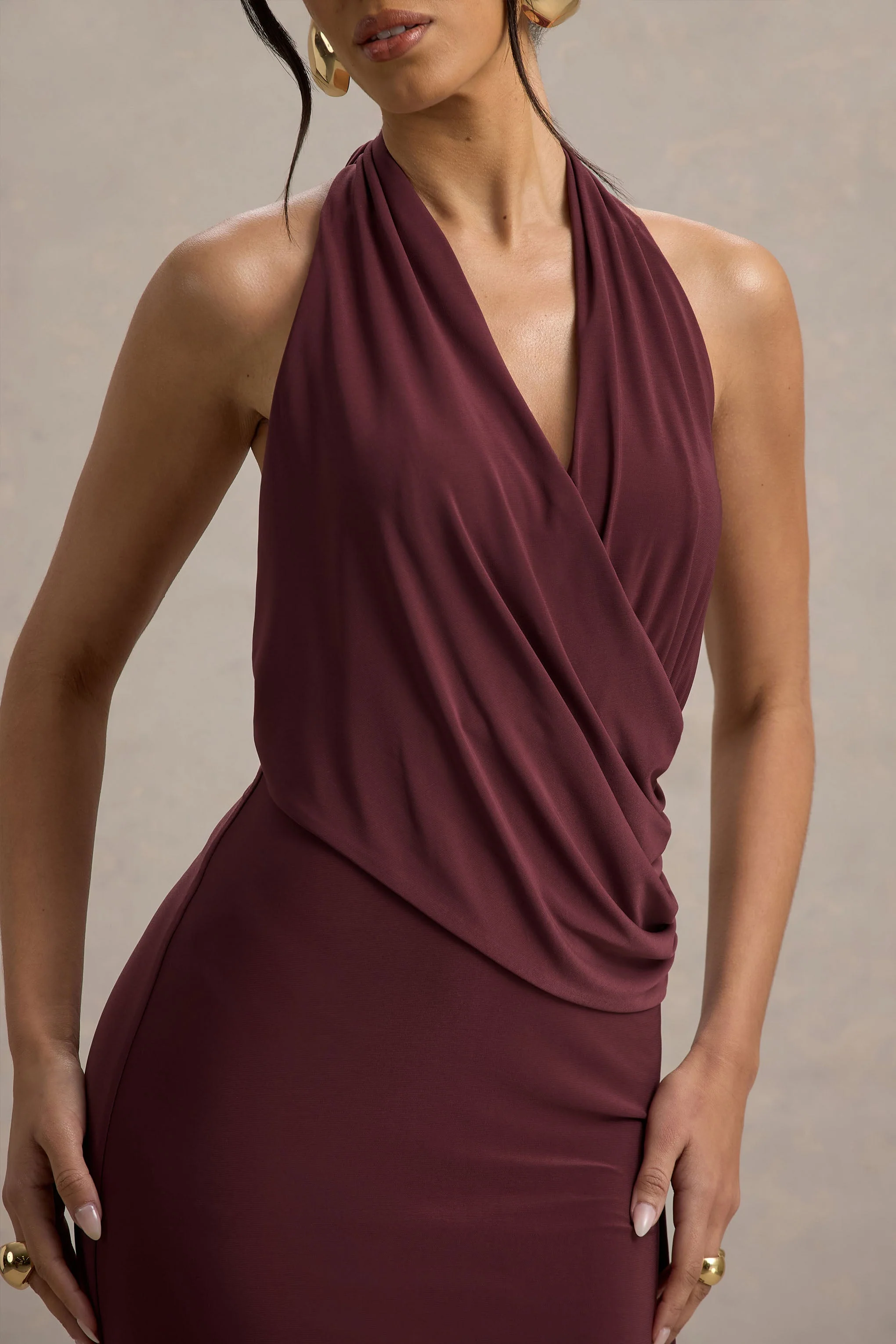 Rosina | Burgundy Halter-Neck Draped Maxi Dress With Sash - Image 5