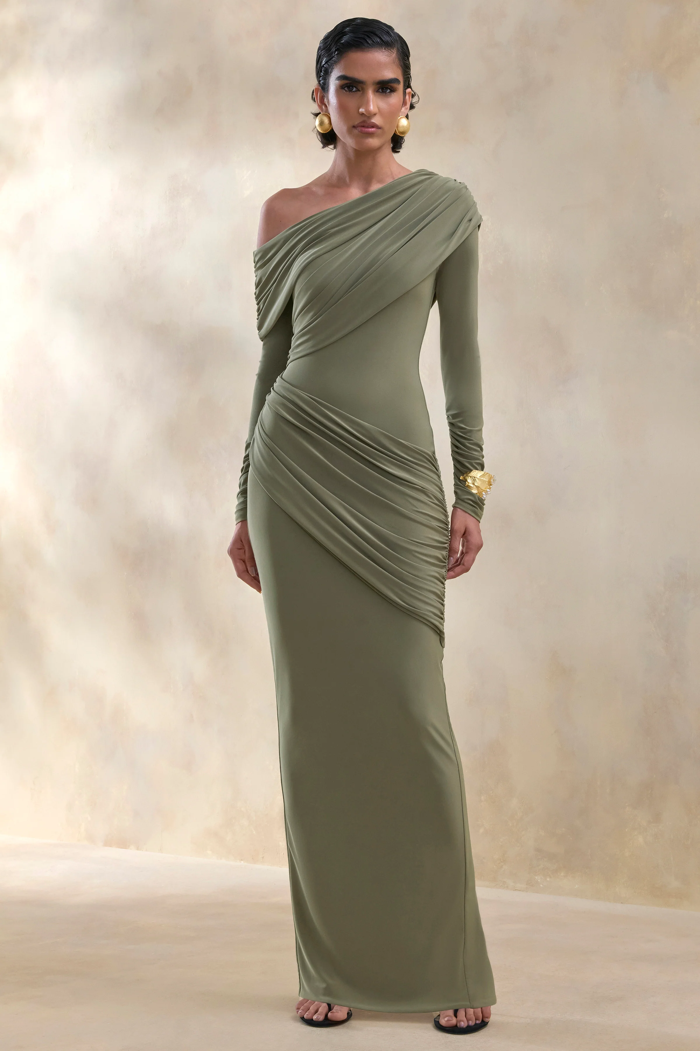Rosirene | Olive Asymmetric-Neck Maxi Dress With Draped-Detailing - Image 5
