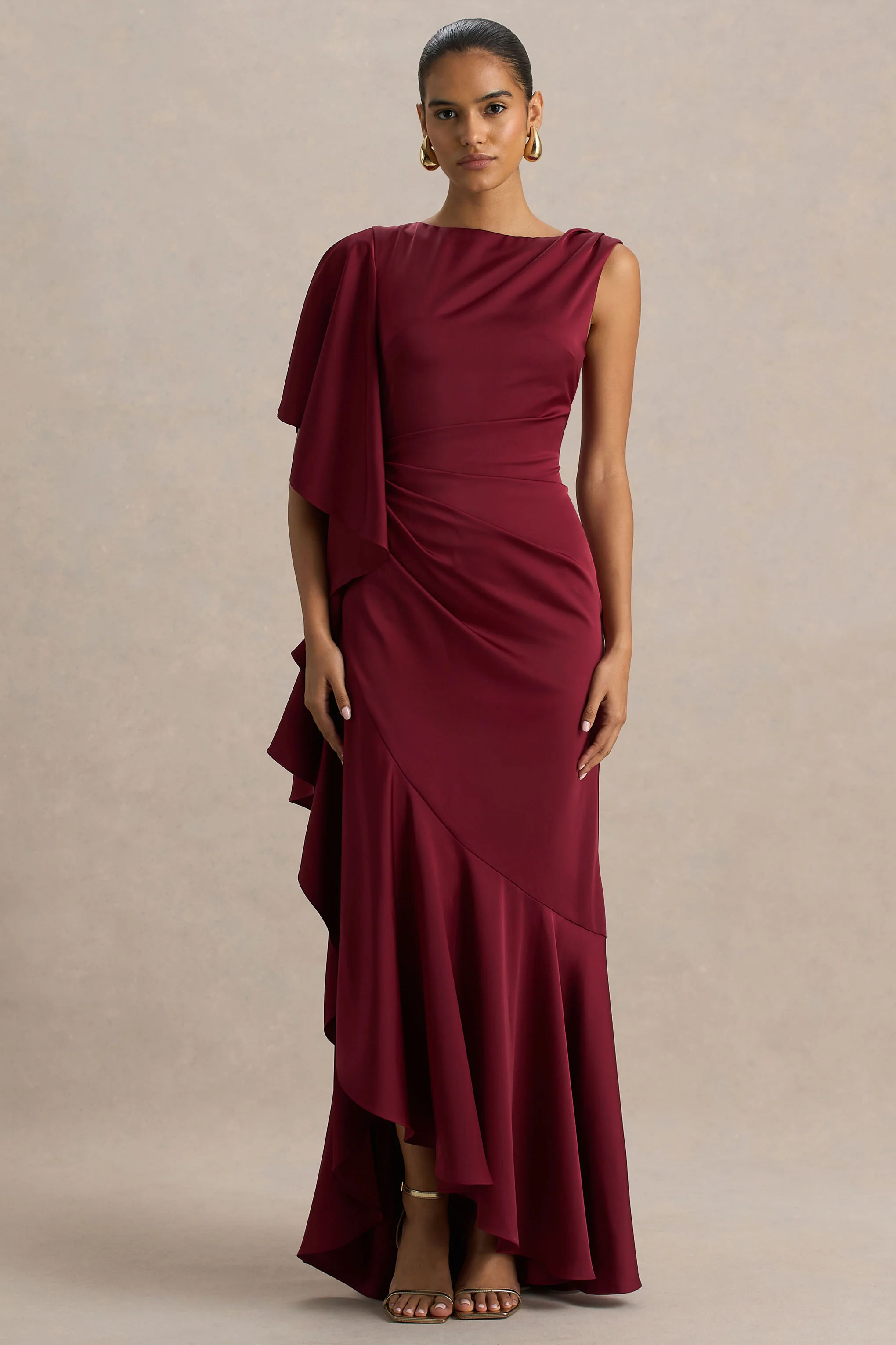 Rosy | Burgundy Satin Boat-Neck Maxi Dress With Front Split And Ruffled Detailing - Image 5