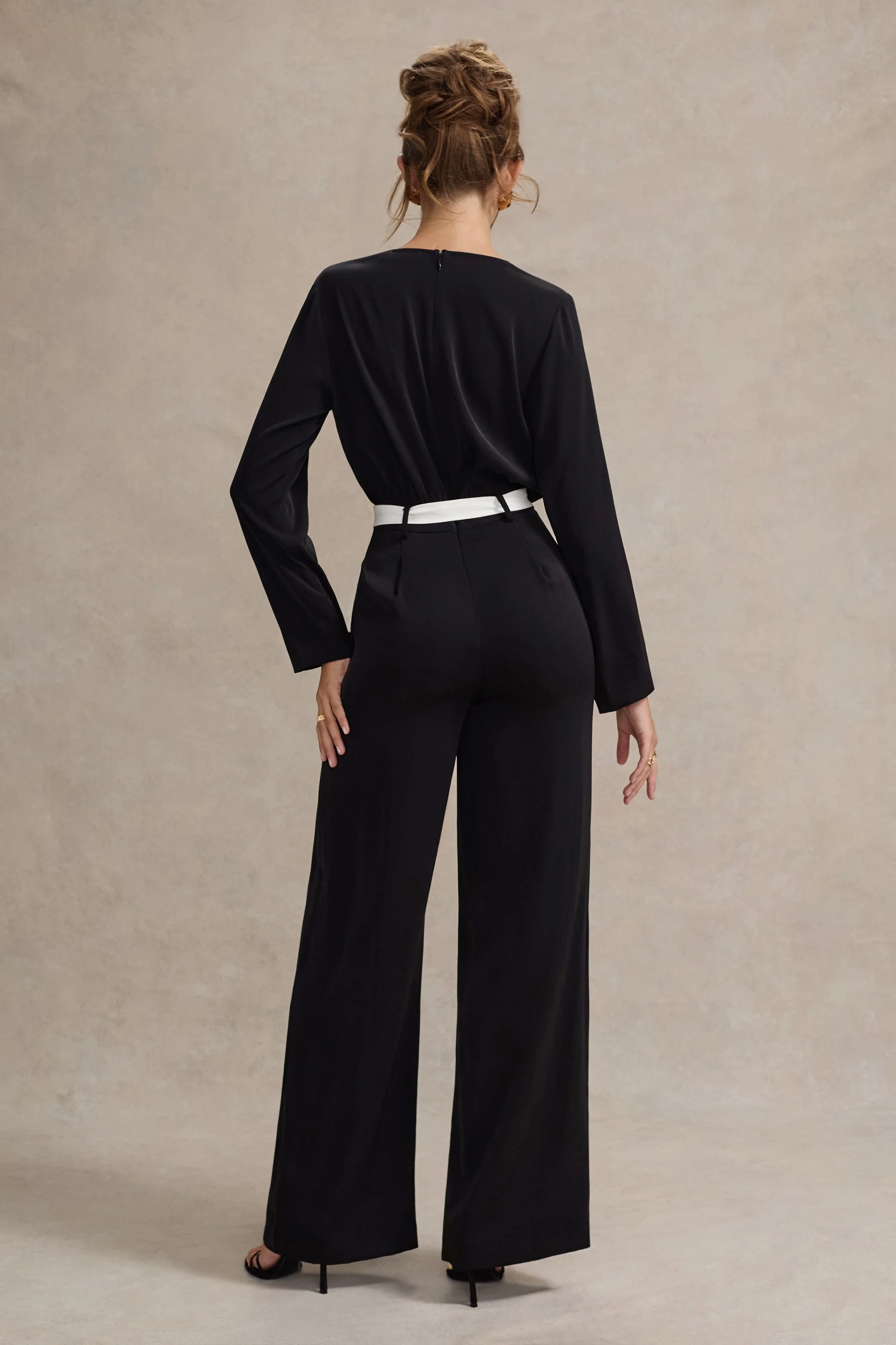 Ruba | Black Tailored Plunge Jumpsuit With Tie Waist - Image 2