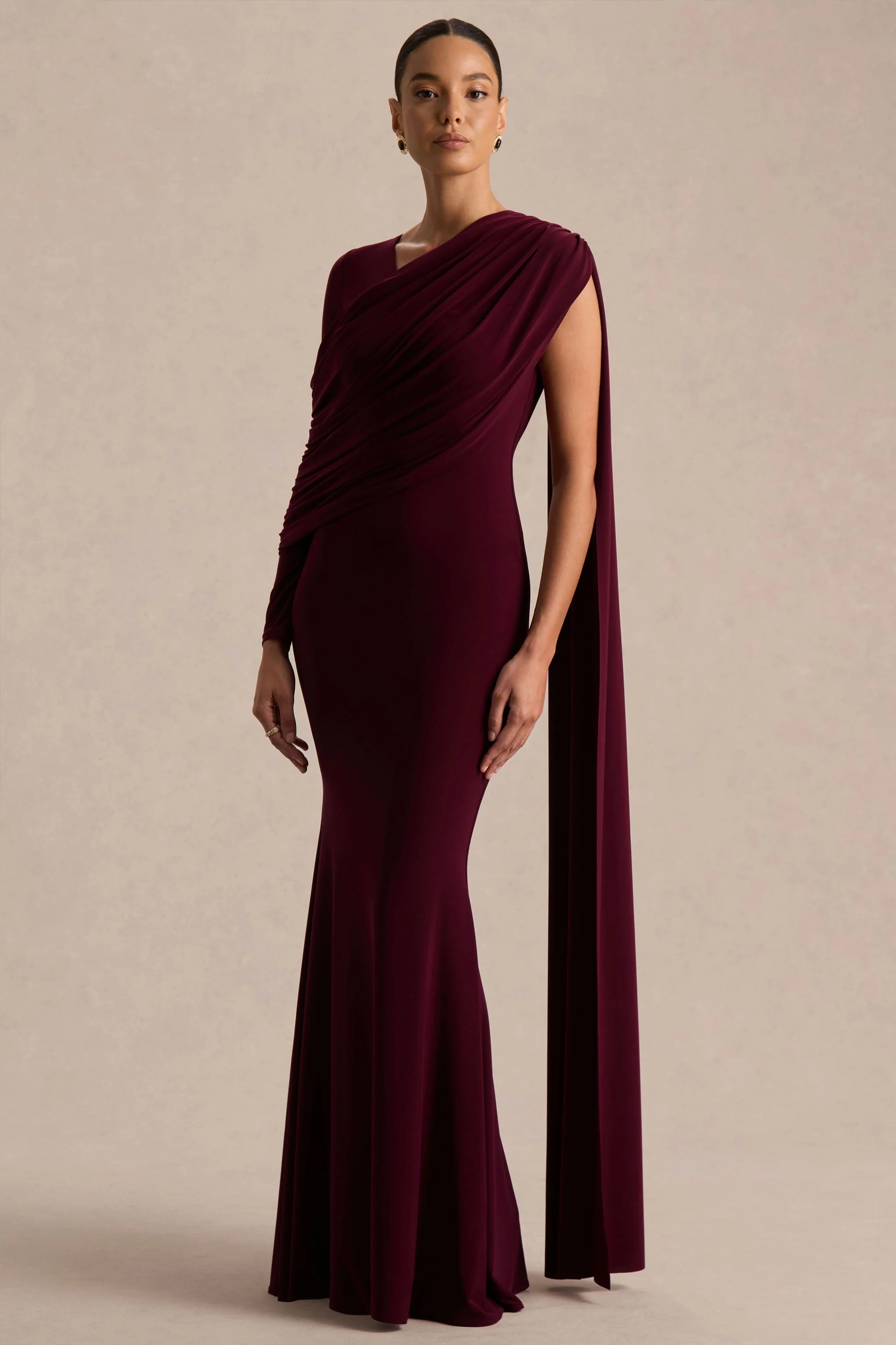 Rubelle | Burgundy Asymmetric Neck Maxi Dress With Draped Detailing - Image 3
