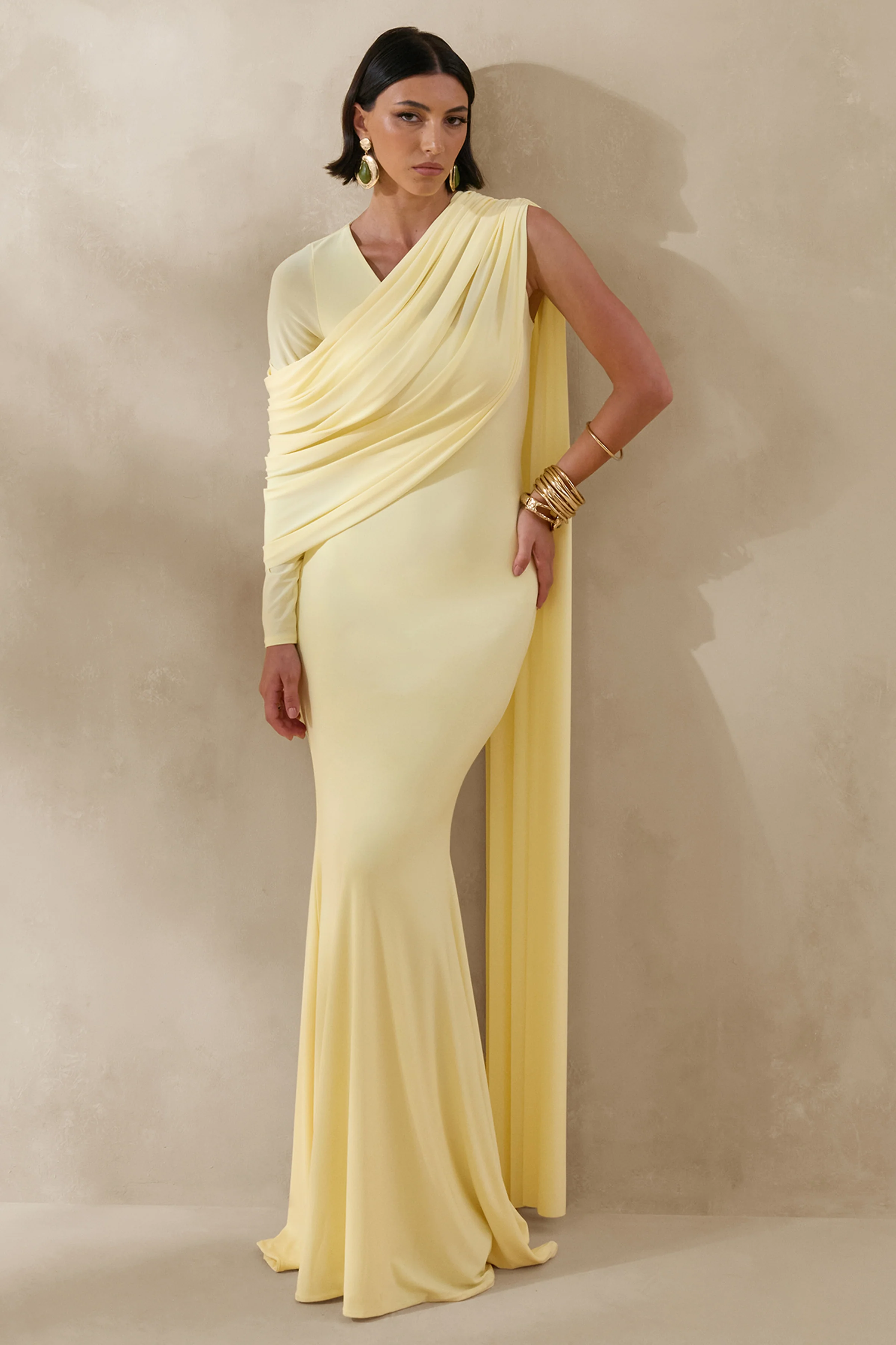 Rubelle | Lemon Asymmetric-Neck Maxi Dress With Draped-Detailing