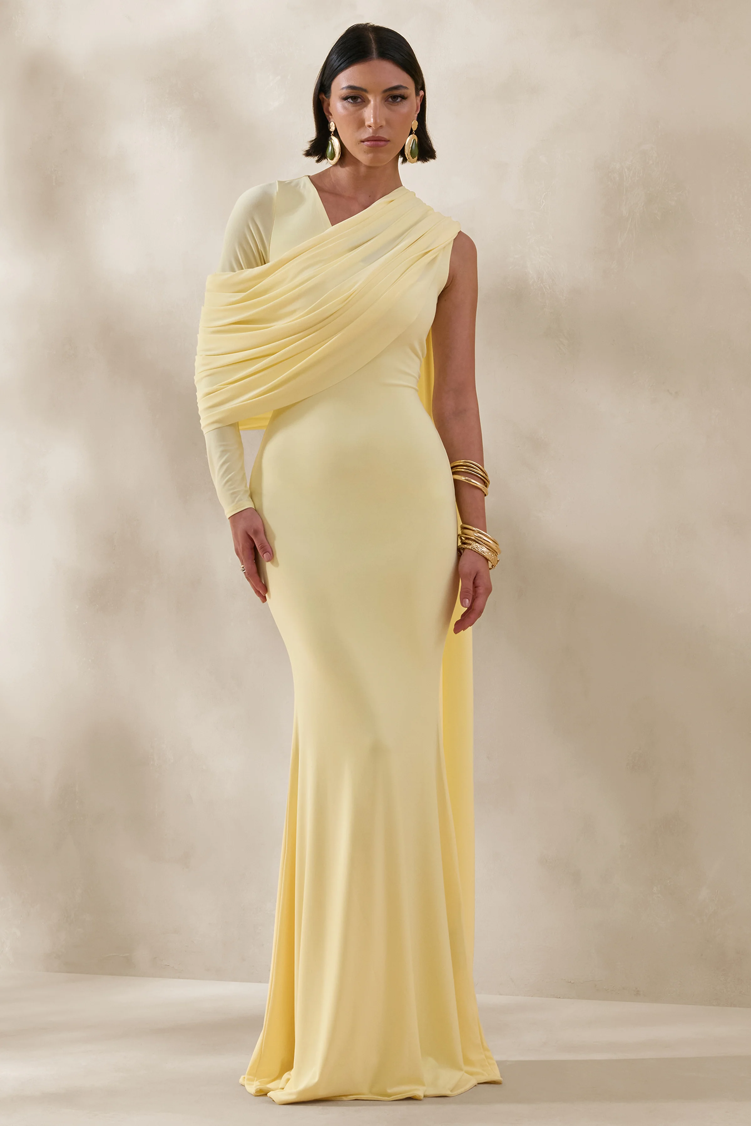 Rubelle | Lemon Asymmetric-Neck Maxi Dress With Draped-Detailing - Image 4