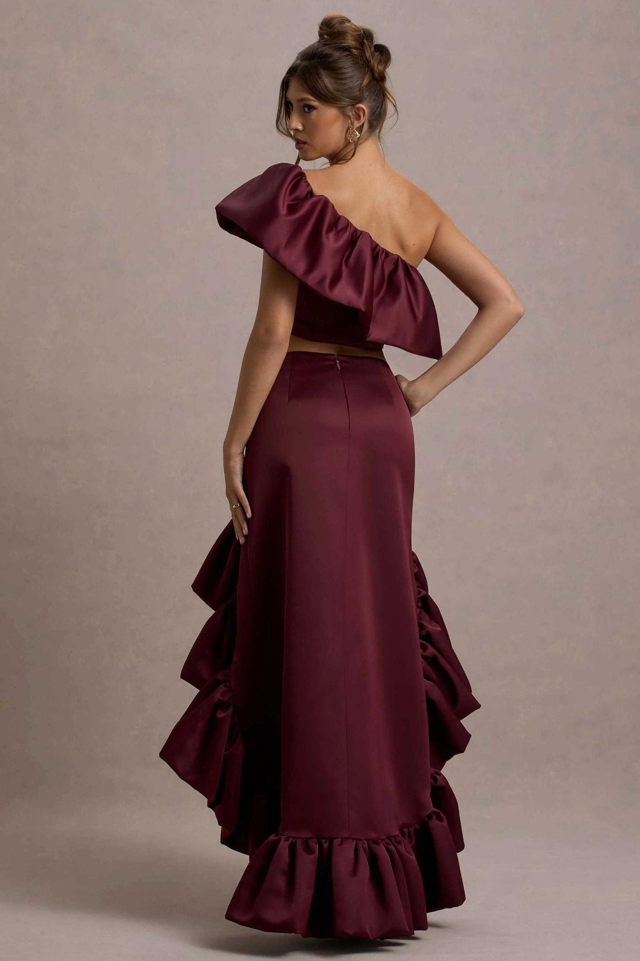 Ruby | Merlot Satin High-Low Maxi Skirt - Image 2