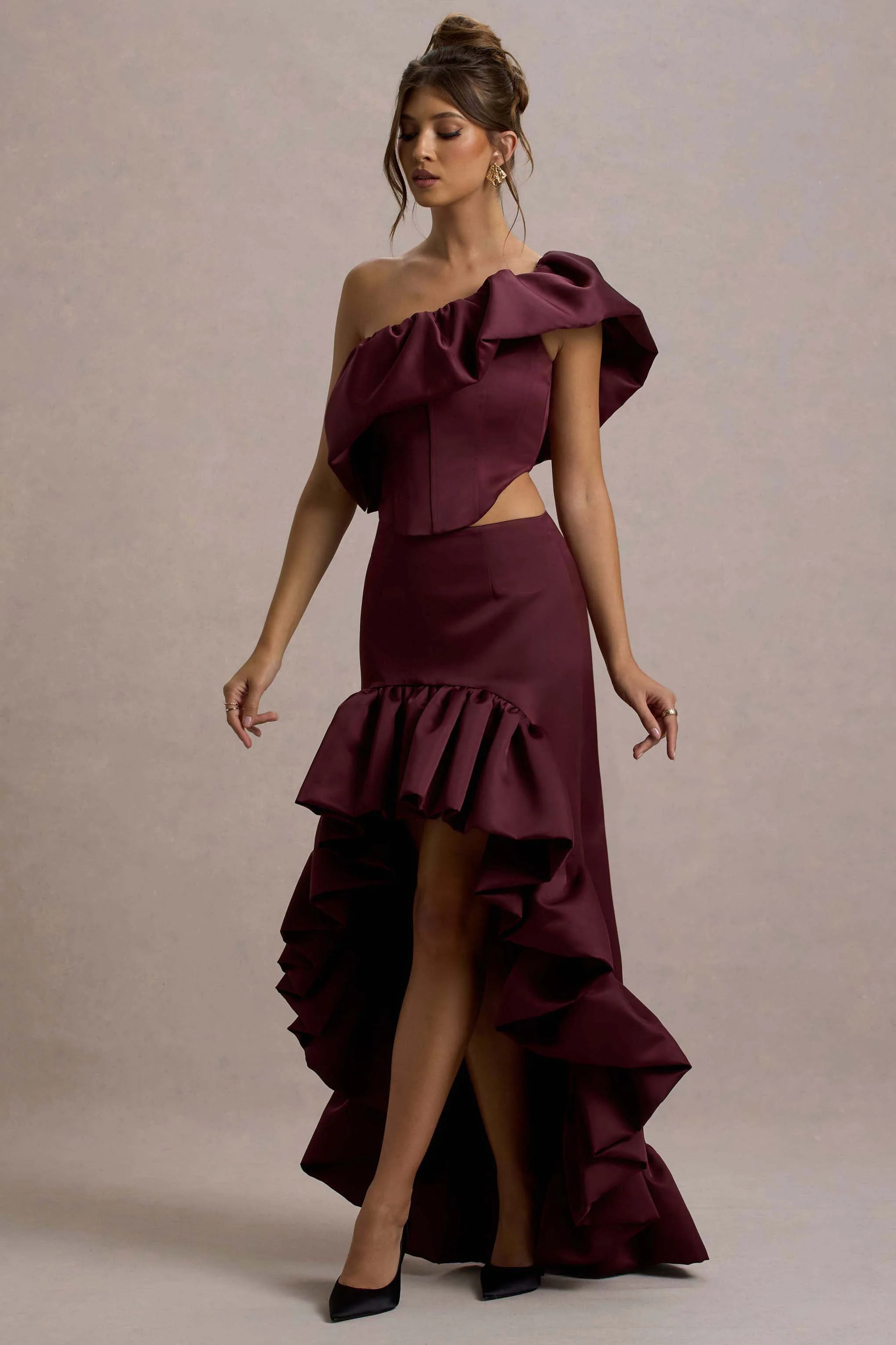 Ruby | Merlot Satin High-Low Maxi Skirt - Image 6