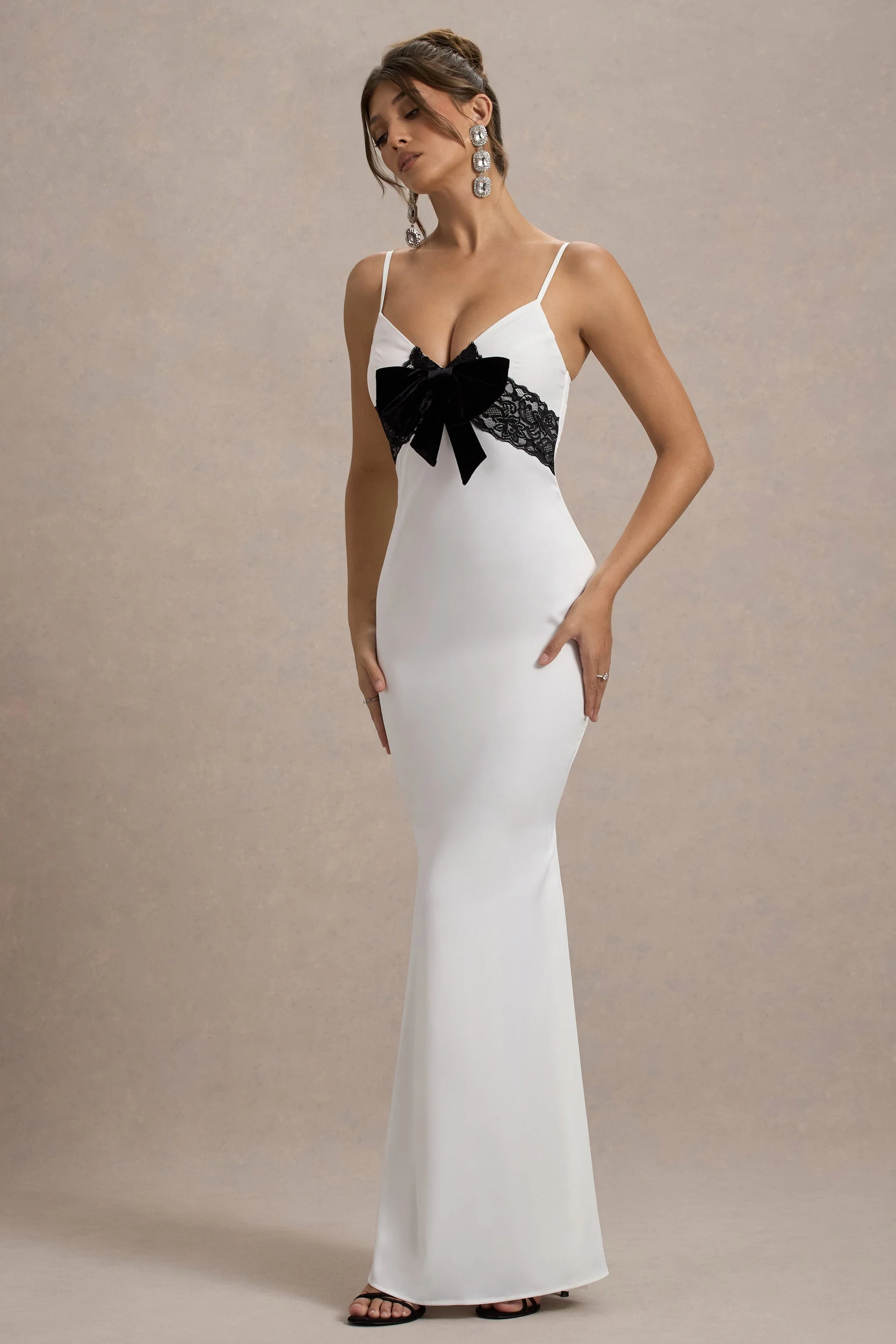 Rumi | White Satin Strappy Maxi Dress With Velvet Bow - Image 6